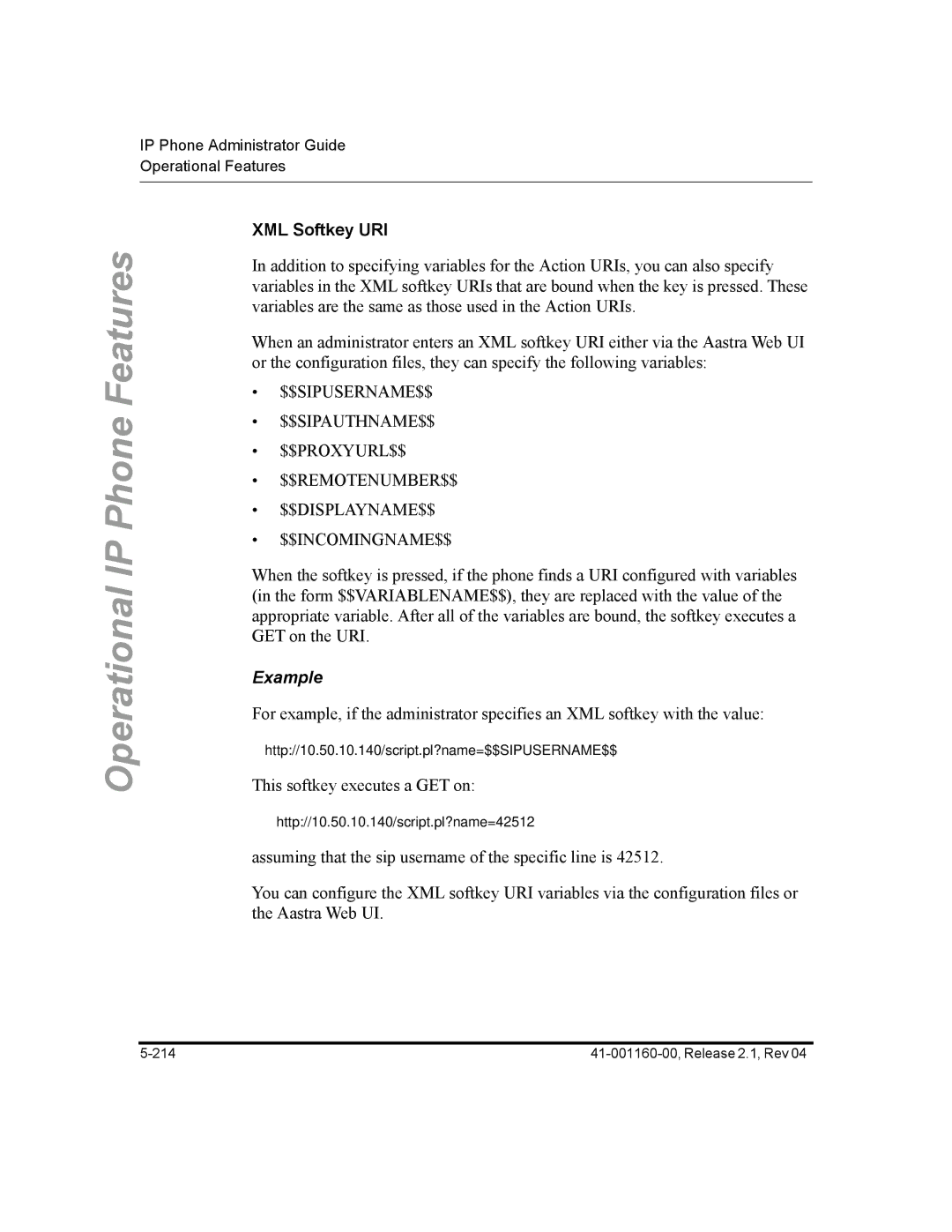 Aastra Telecom 57I CT, 55I, 53I manual XML Softkey URI, Example 