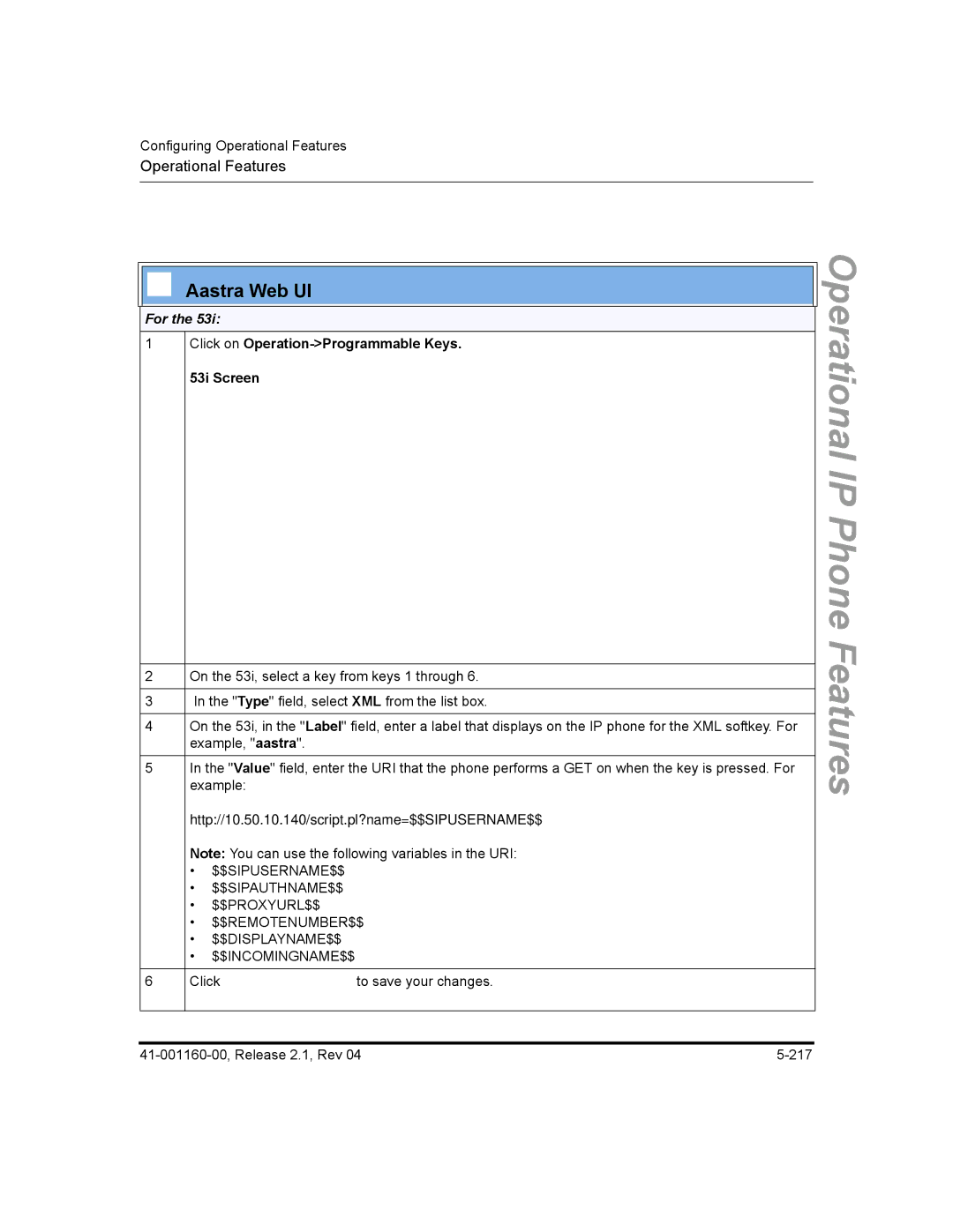 Aastra Telecom 53I, 57I CT, 55I manual For, Click on Operation-Programmable Keys 53i Screen 