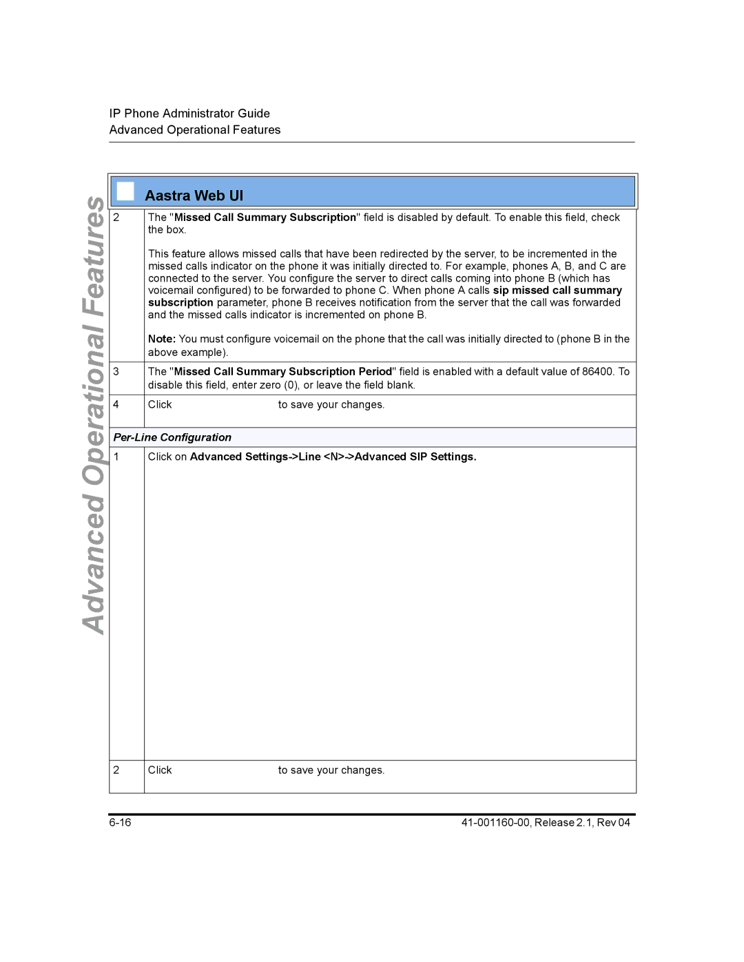 Aastra Telecom 57I CT, 55I, 53I manual Per-Line Configuration, Click on Advanced Settings-Line N-Advanced SIP Settings 