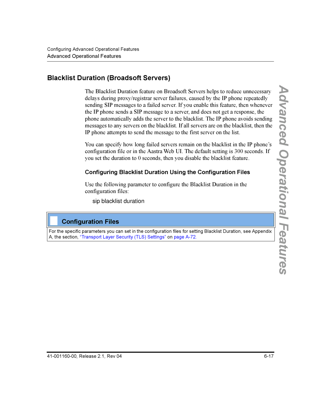 Aastra Telecom 53I, 55I Blacklist Duration Broadsoft Servers, Configuring Blacklist Duration Using the Configuration Files 