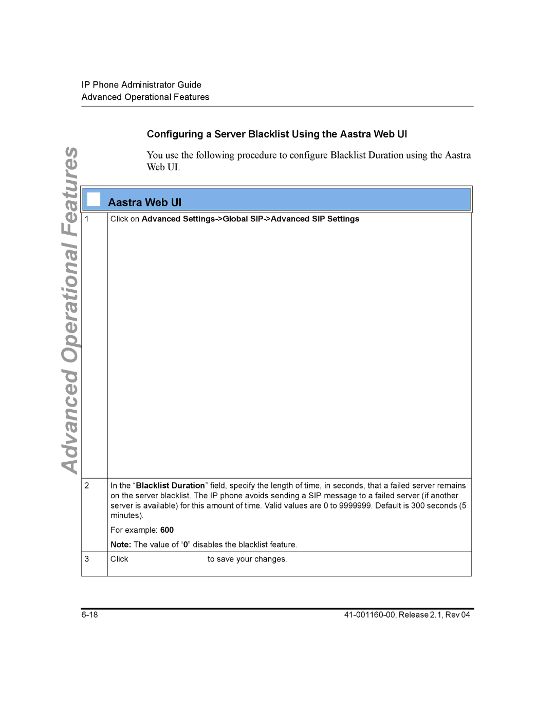 Aastra Telecom 57I CT, 55I, 53I manual Configuring a Server Blacklist Using the Aastra Web UI 