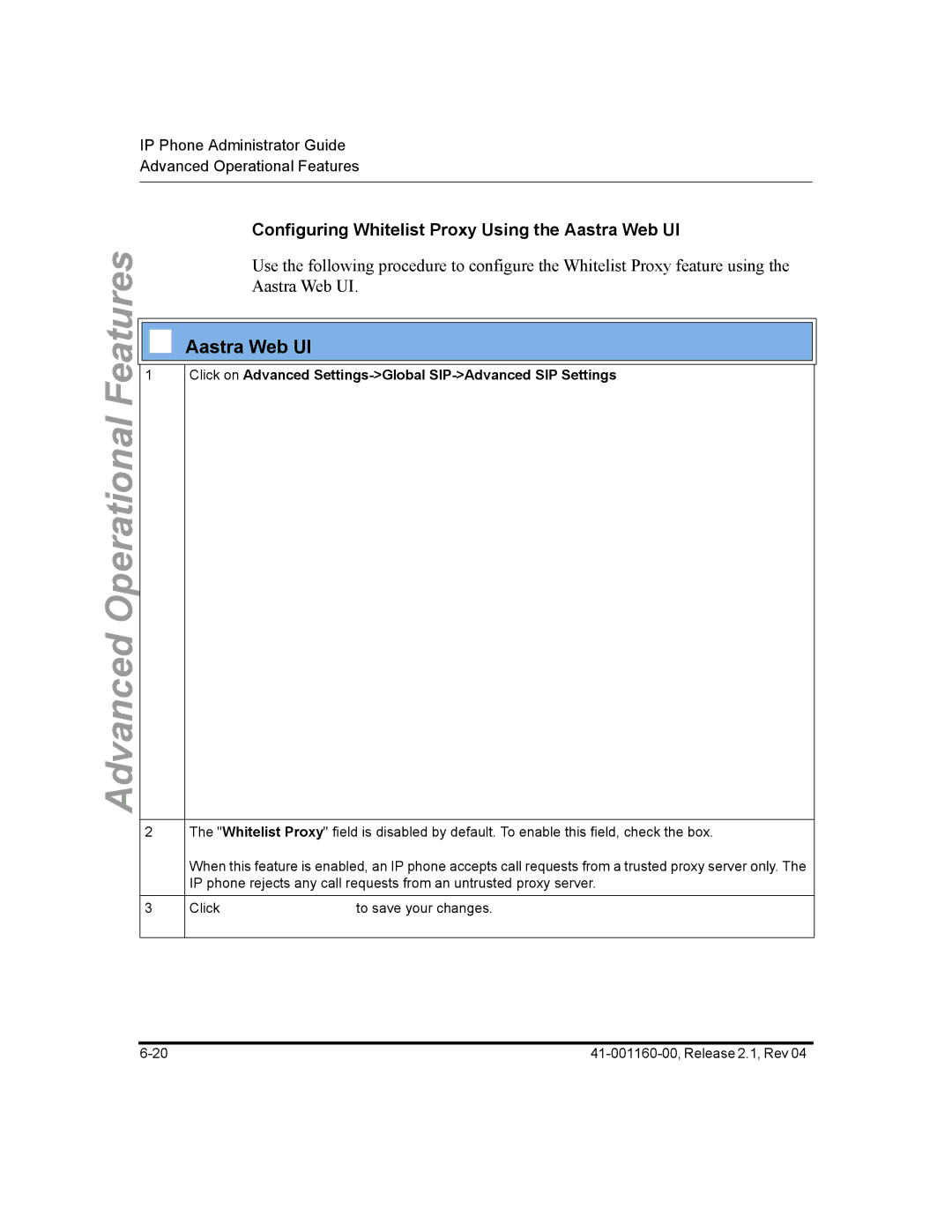 Aastra Telecom 57I CT, 55I, 53I manual Configuring Whitelist Proxy Using the Aastra Web UI 