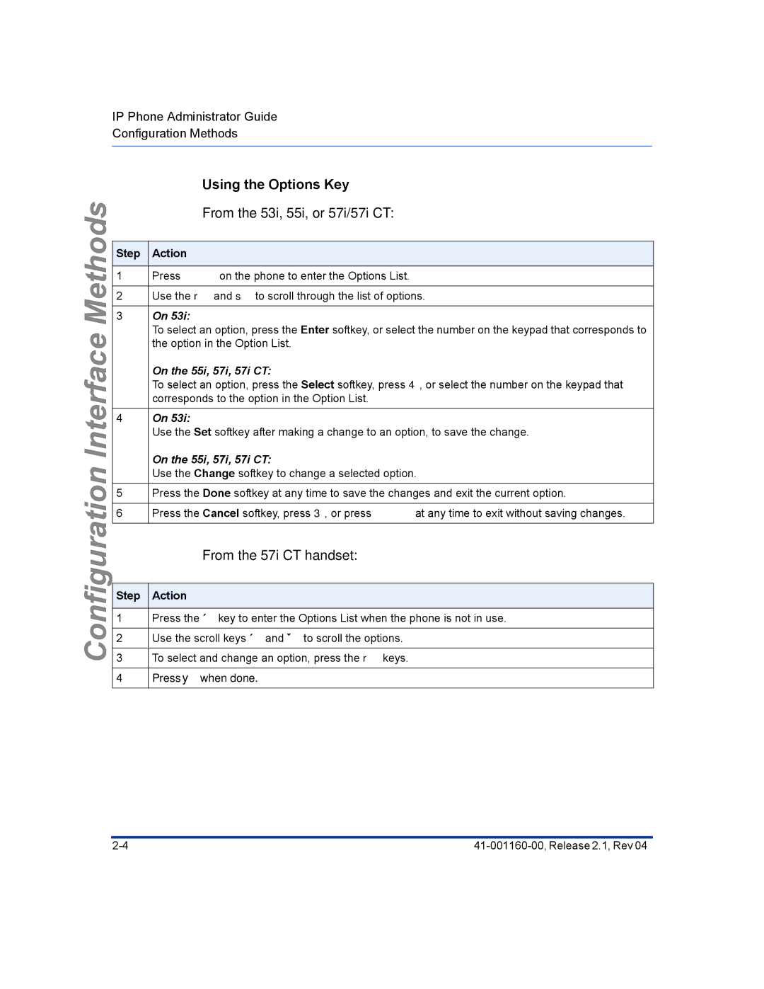 Aastra Telecom 57I CT, 55I, 53I manual Using the Options Key, From the 53i, 55i, or 57i/57i CT, From the 57i CT handset 