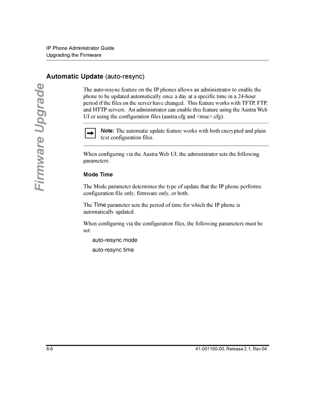 Aastra Telecom 57I CT, 55I, 53I manual Automatic Update auto-resync, Mode Time, Auto-resync mode Auto-resync time 