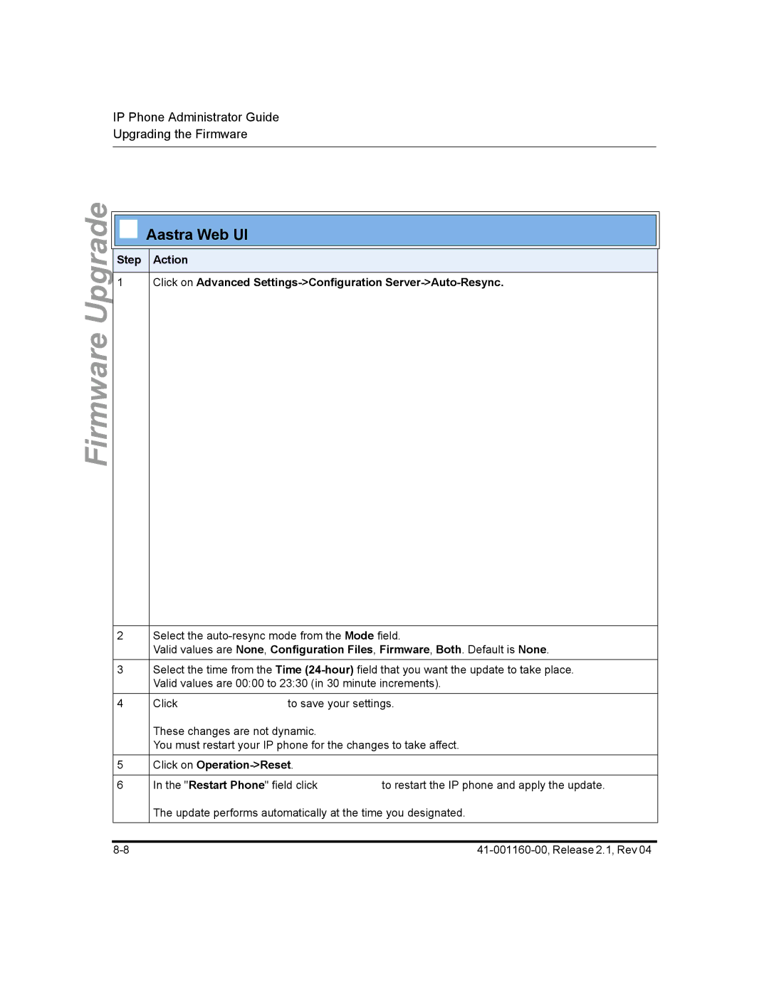 Aastra Telecom 57I CT, 55I, 53I manual Select the auto-resync mode from the Mode field 