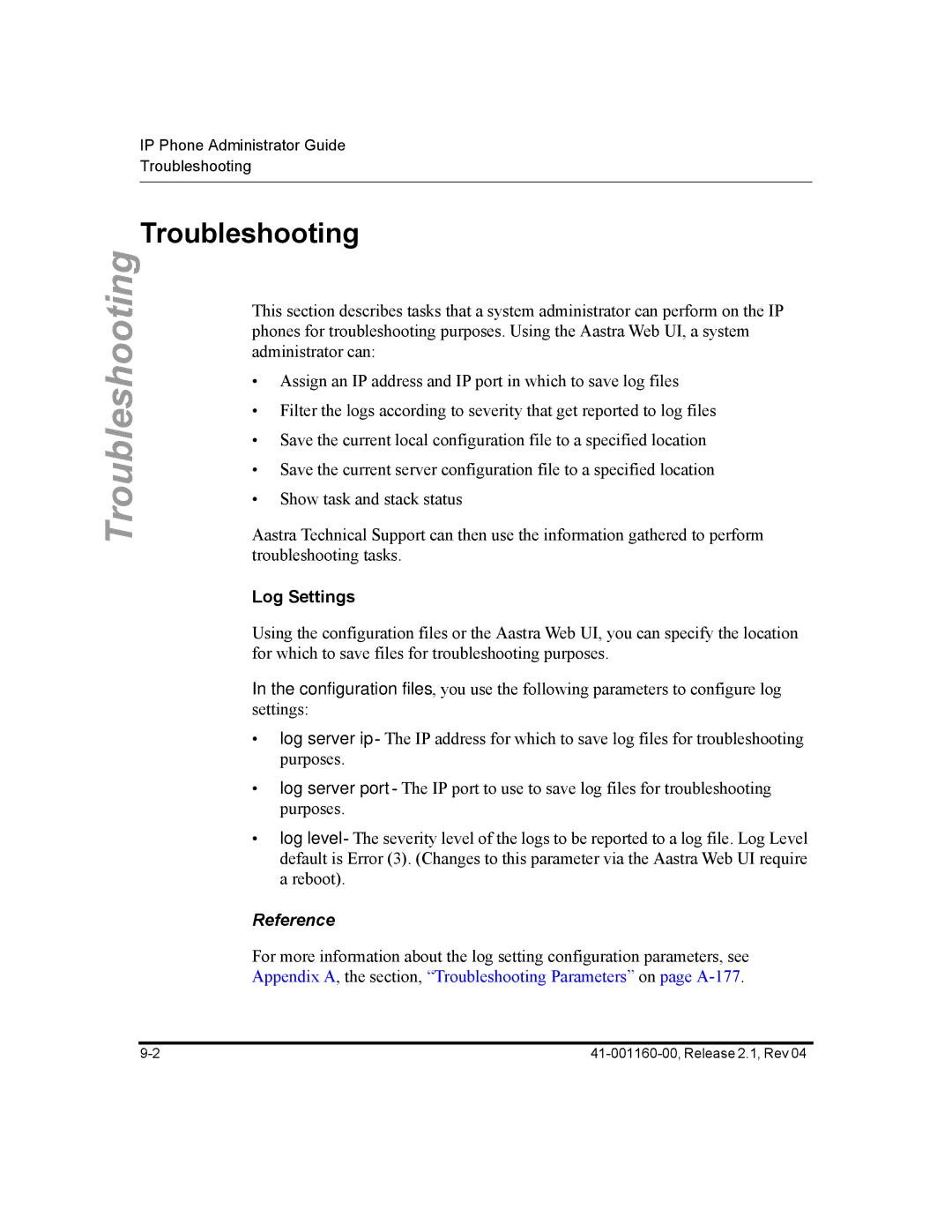 Aastra Telecom 57I CT, 55I, 53I manual Troubleshooting, Log Settings 