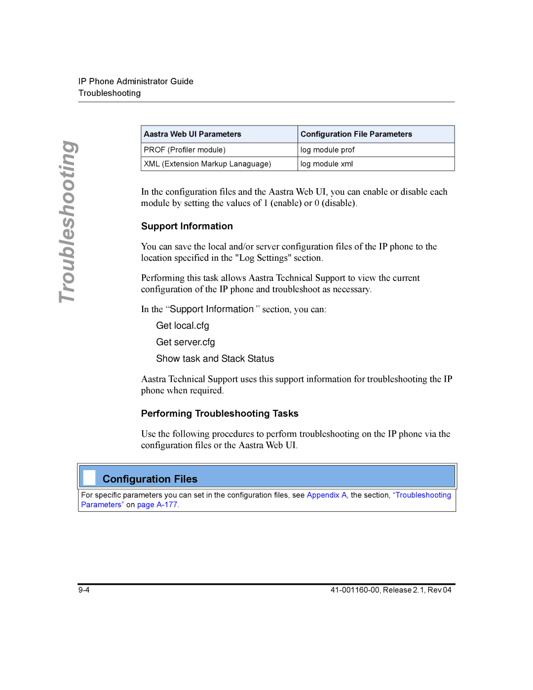 Aastra Telecom 57I CT, 55I, 53I manual Support Information, Get local.cfg Get server.cfg Show task and Stack Status 