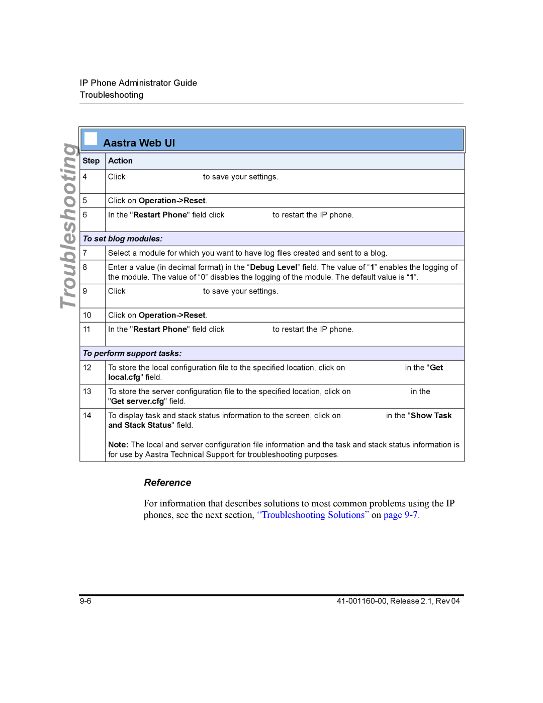 Aastra Telecom 57I CT, 55I, 53I manual To set blog modules, To perform support tasks, Local.cfg field, Get server.cfg field 