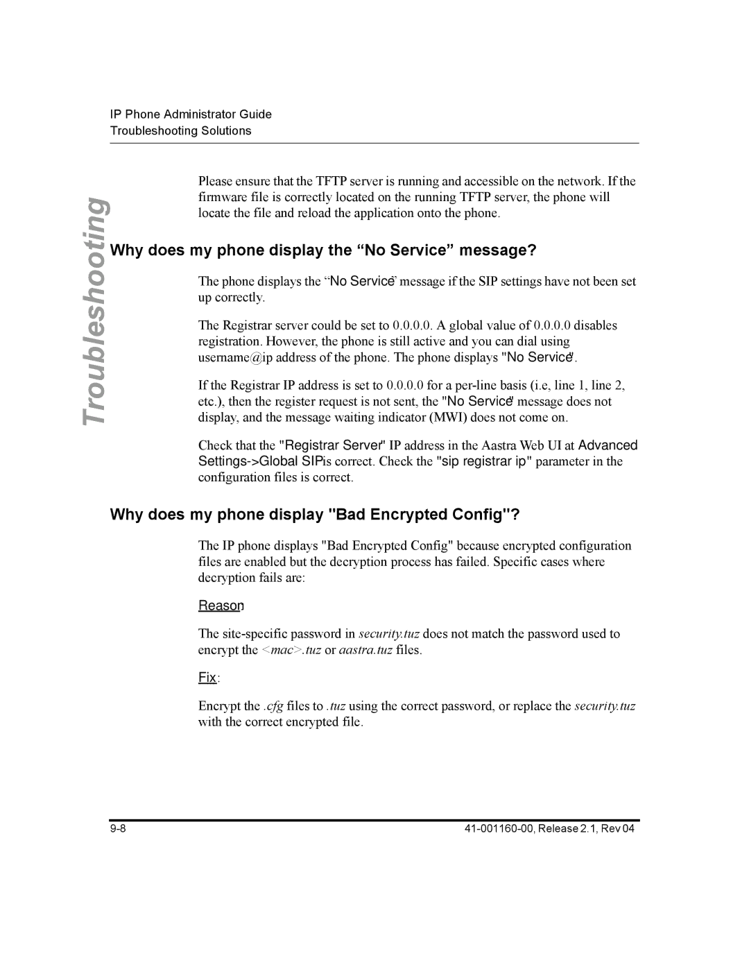 Aastra Telecom 57I Why does my phone display the No Service message?, Why does my phone display Bad Encrypted Config?, Fix 