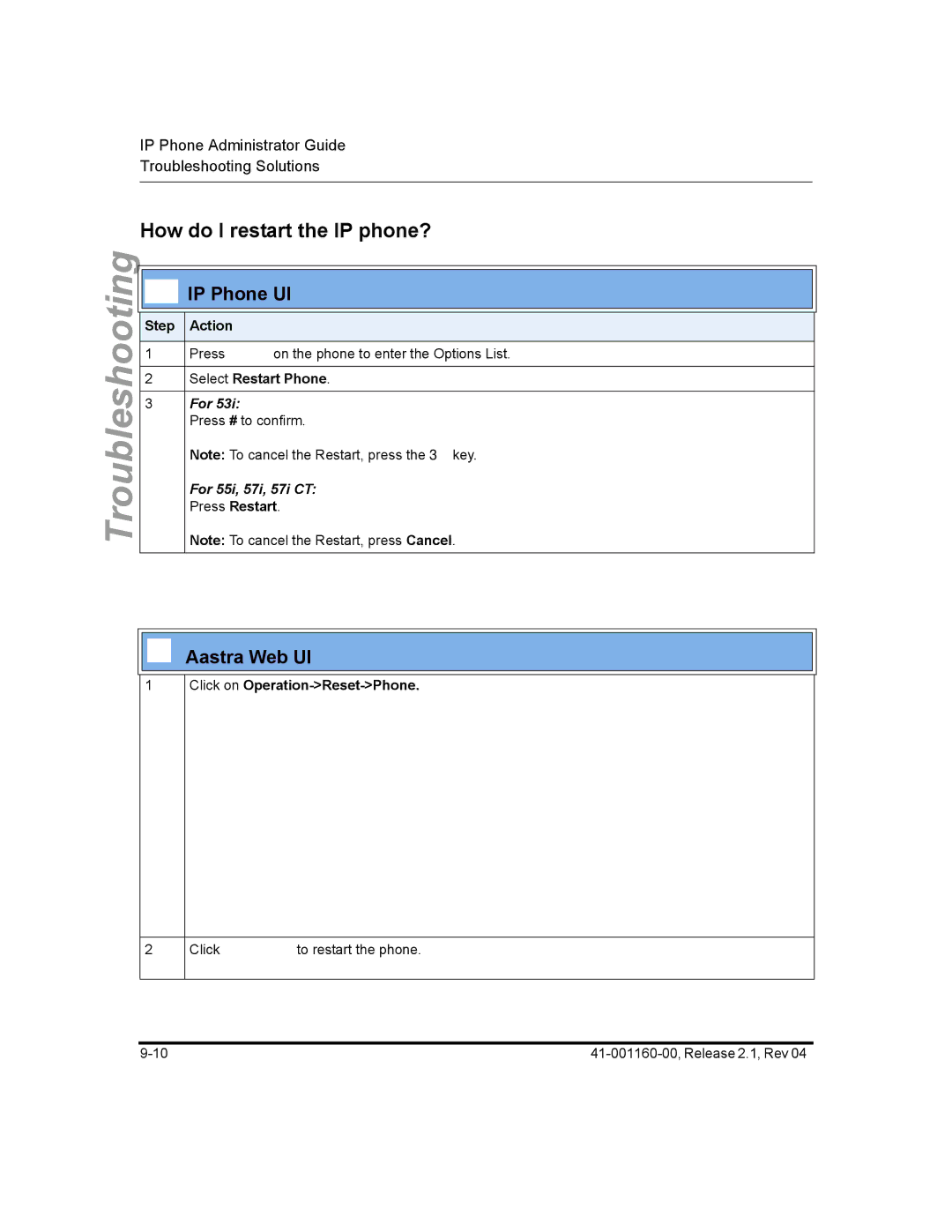 Aastra Telecom 57I CT, 55I, 53I manual How do I restart the IP phone?, Step Action 