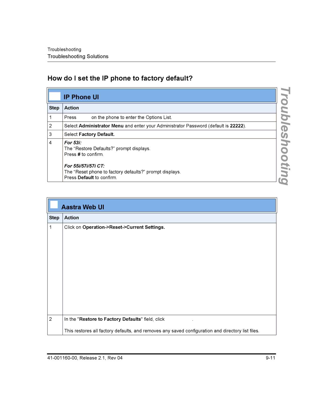 Aastra Telecom 55I, 57I CT, 53I manual How do I set the IP phone to factory default?, Select Factory Default 