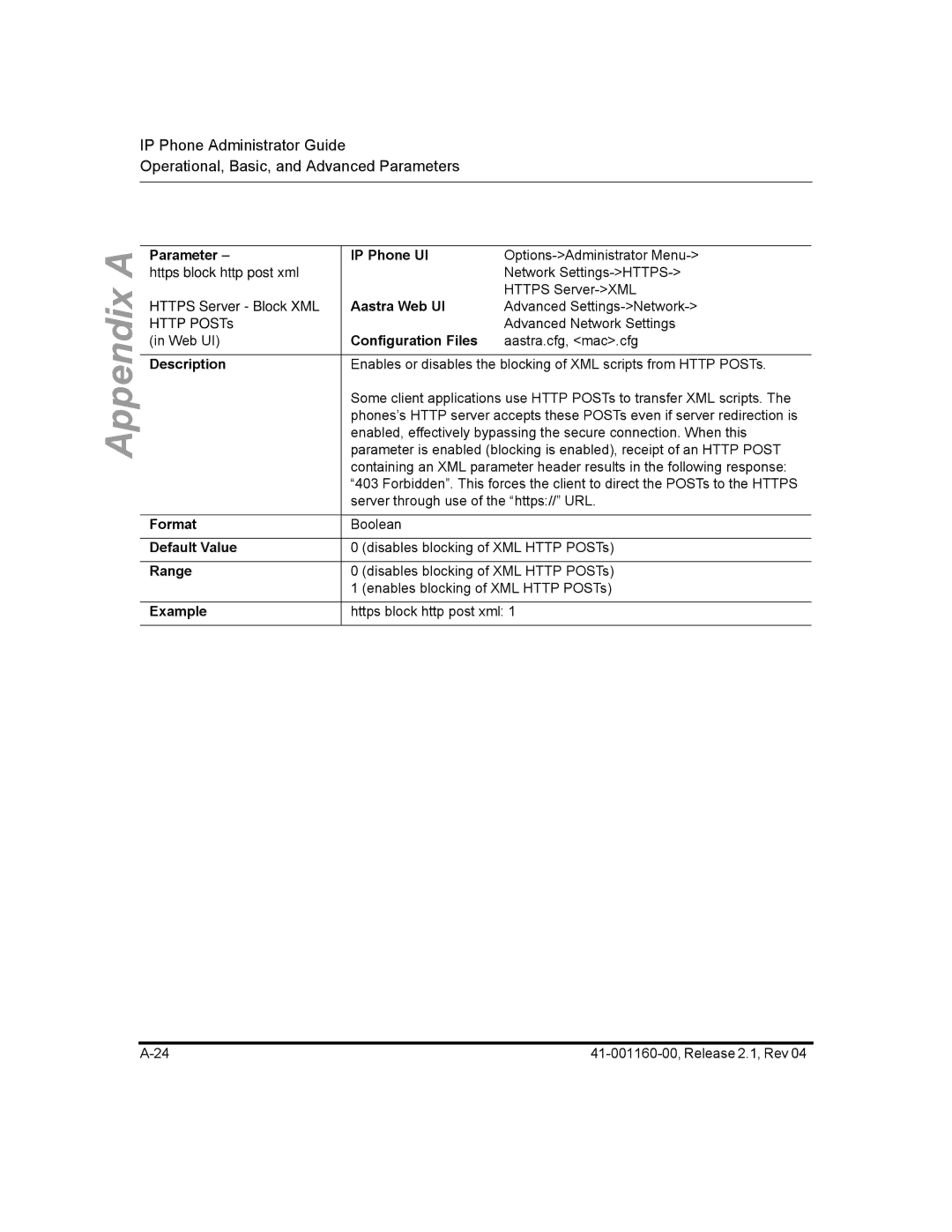 Aastra Telecom 57I CT, 55I, 53I manual Https block http post xml 