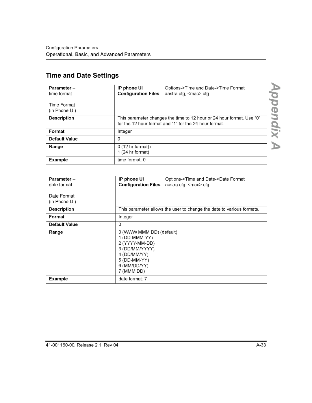 Aastra Telecom 53I, 57I CT, 55I manual Time and Date Settings, Parameter IP phone UI 