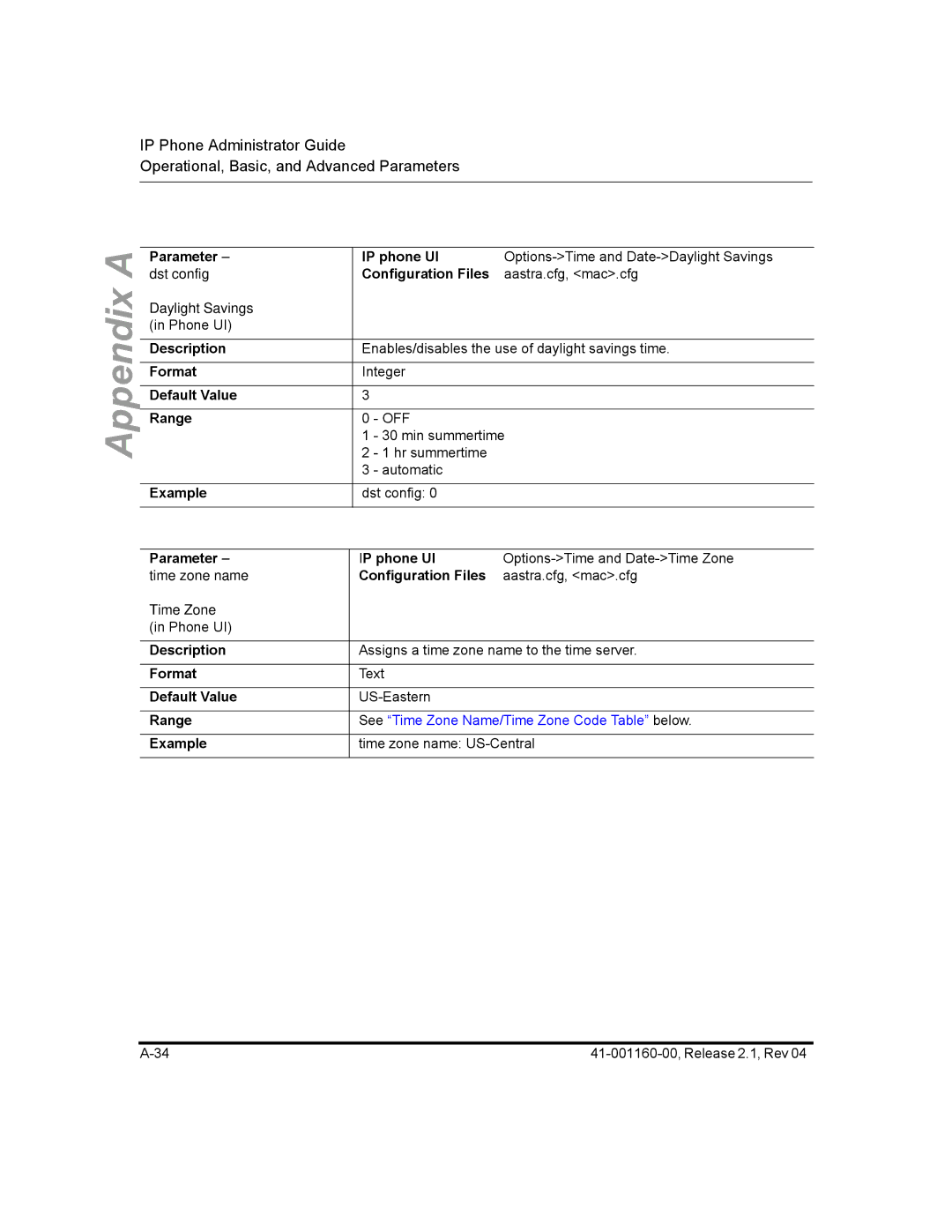 Aastra Telecom 57I CT, 55I, 53I manual Parameter dst config, Description Format Default Value Range Example IP phone UI 