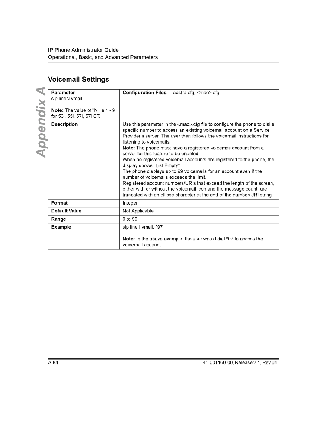 Aastra Telecom 57I CT, 55I, 53I manual Voicemail Settings, Range Example 