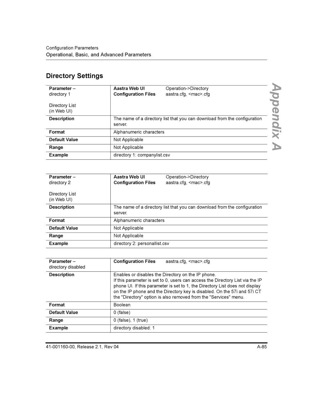 Aastra Telecom 53I, 57I CT, 55I manual Directory Settings, Parameter Configuration Files 