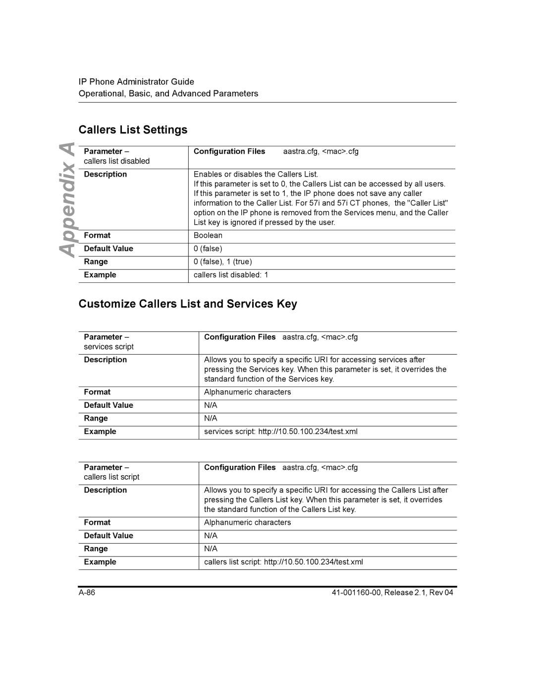 Aastra Telecom 57I CT, 55I, 53I manual Callers List Settings, Customize Callers List and Services Key 