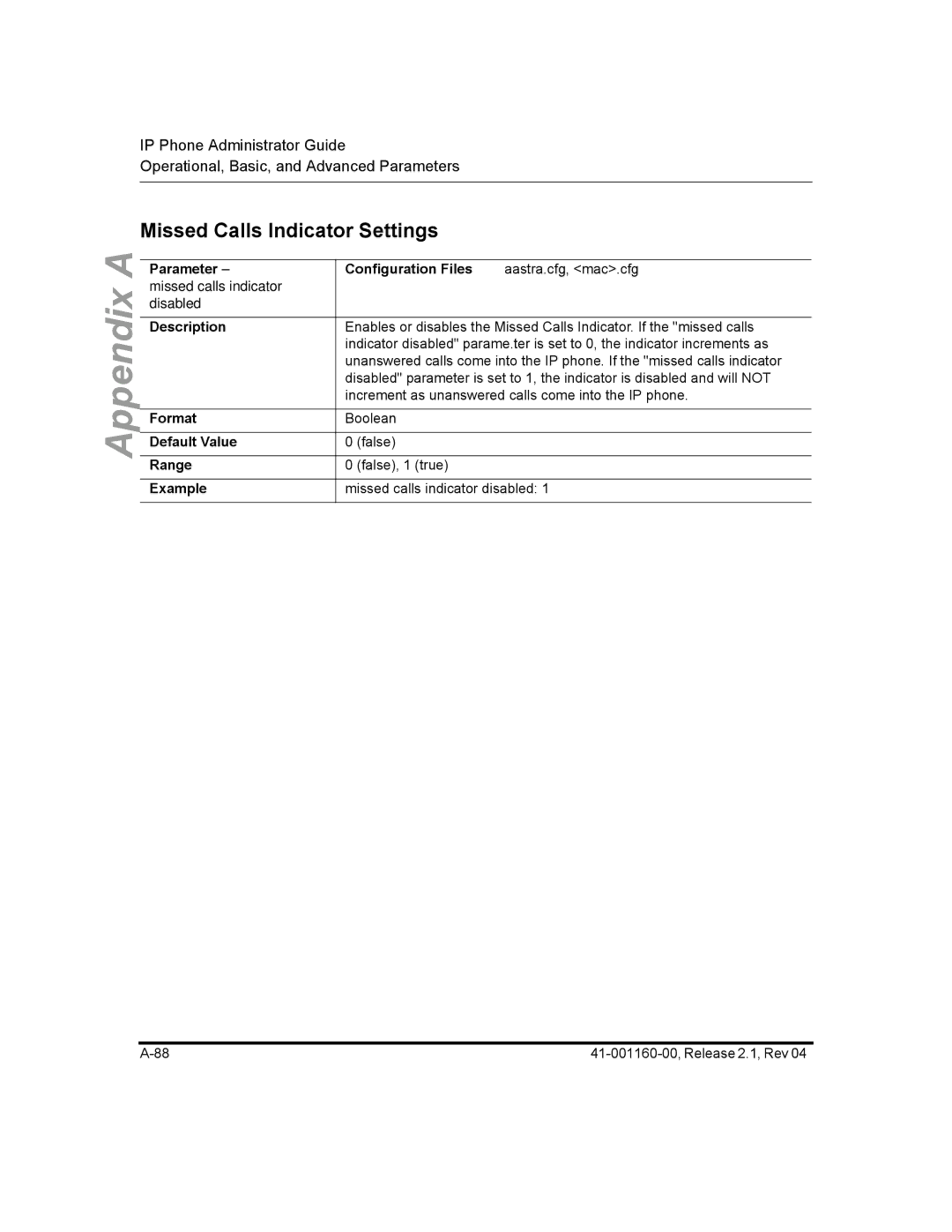 Aastra Telecom 57I CT, 55I, 53I manual Missed Calls Indicator Settings 