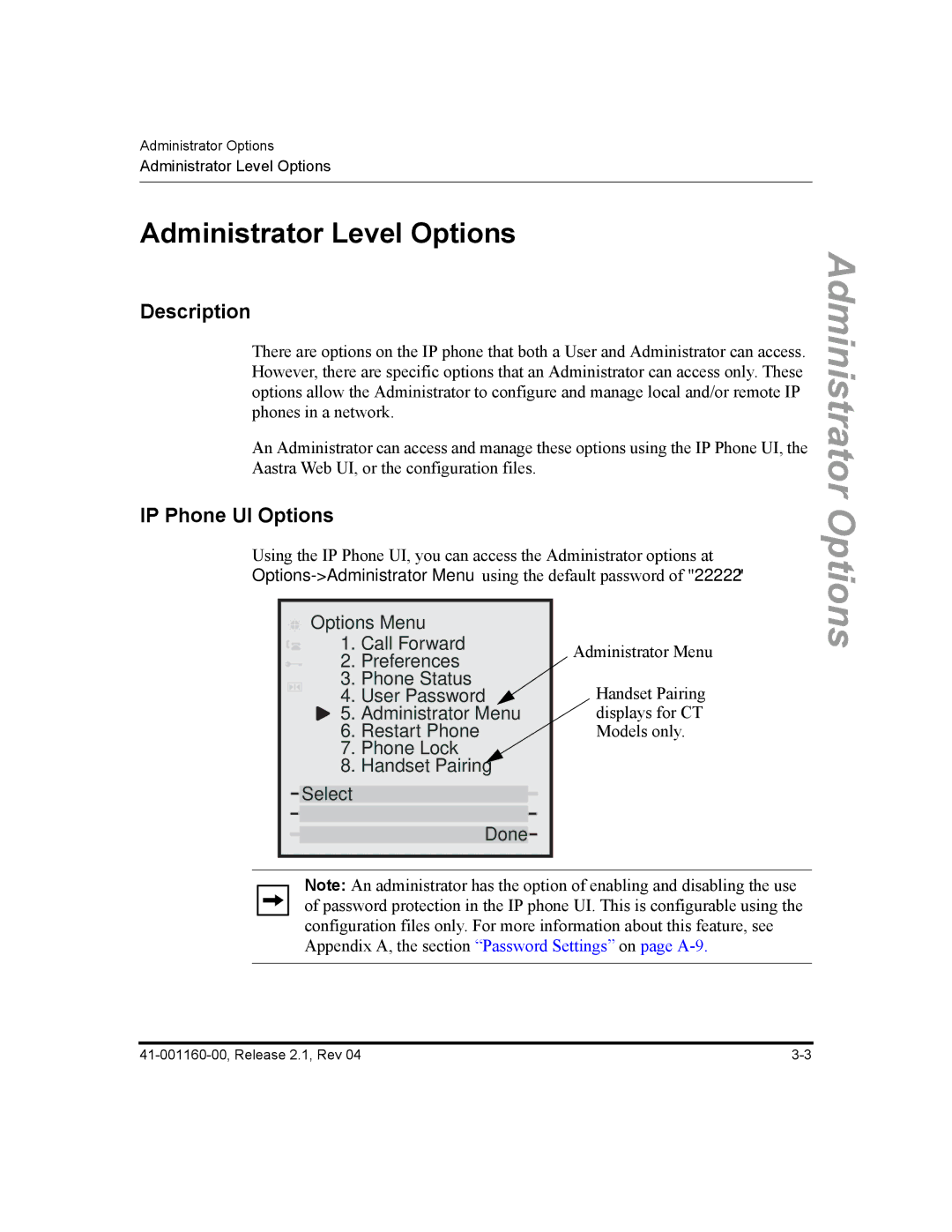 Aastra Telecom 55I, 57I CT, 53I manual IP Phone UI Options, Options-Administrator Menu using the default password 