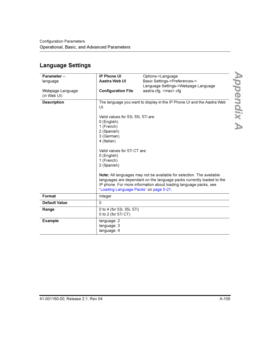 Aastra Telecom 53I, 57I CT, 55I manual Language Settings, Configuration File 