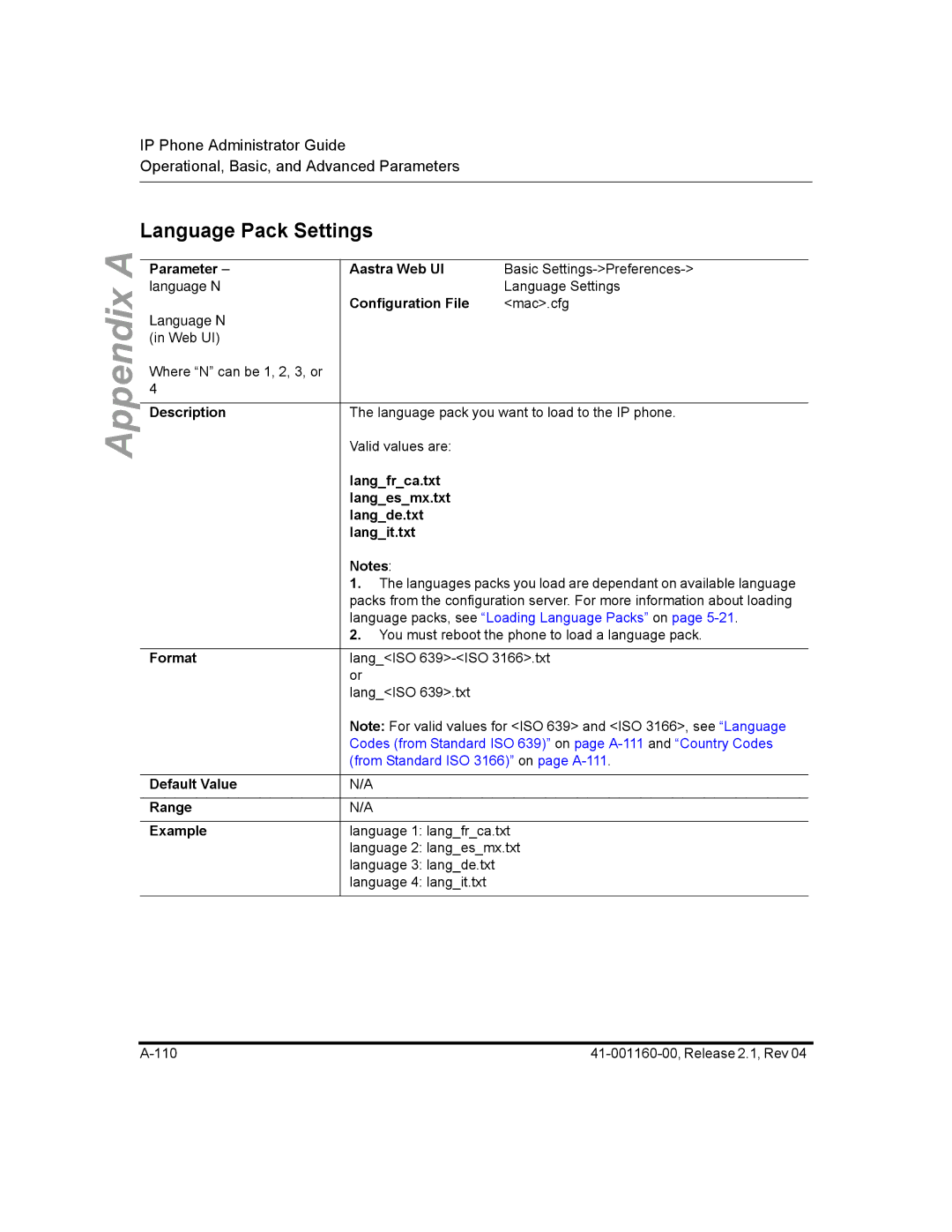 Aastra Telecom 57I CT, 55I, 53I manual Language Pack Settings, Langfrca.txt Langesmx.txt Langde.txt Langit.txt 