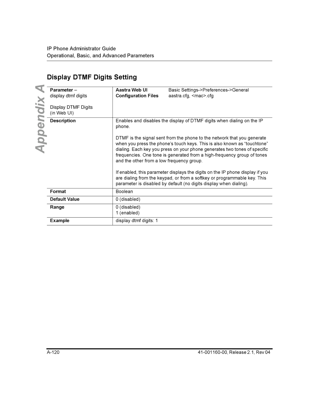 Aastra Telecom 57I CT, 55I, 53I manual Display Dtmf Digits Setting 