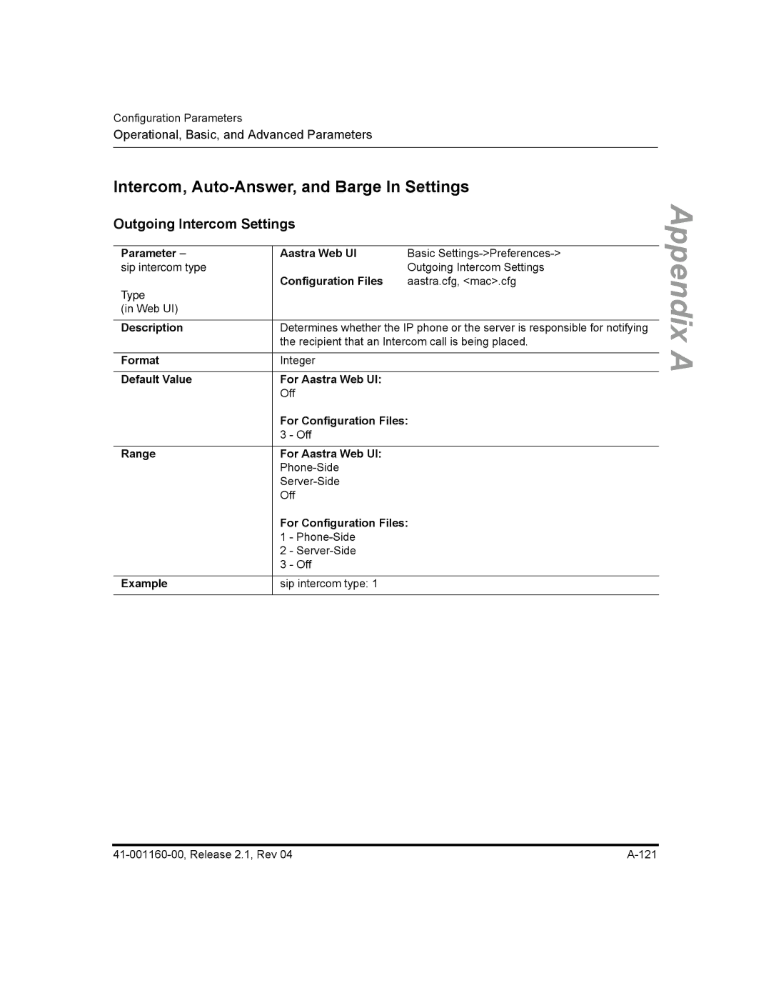 Aastra Telecom 53I, 55I Intercom, Auto-Answer, and Barge In Settings, Outgoing Intercom Settings, For Configuration Files 