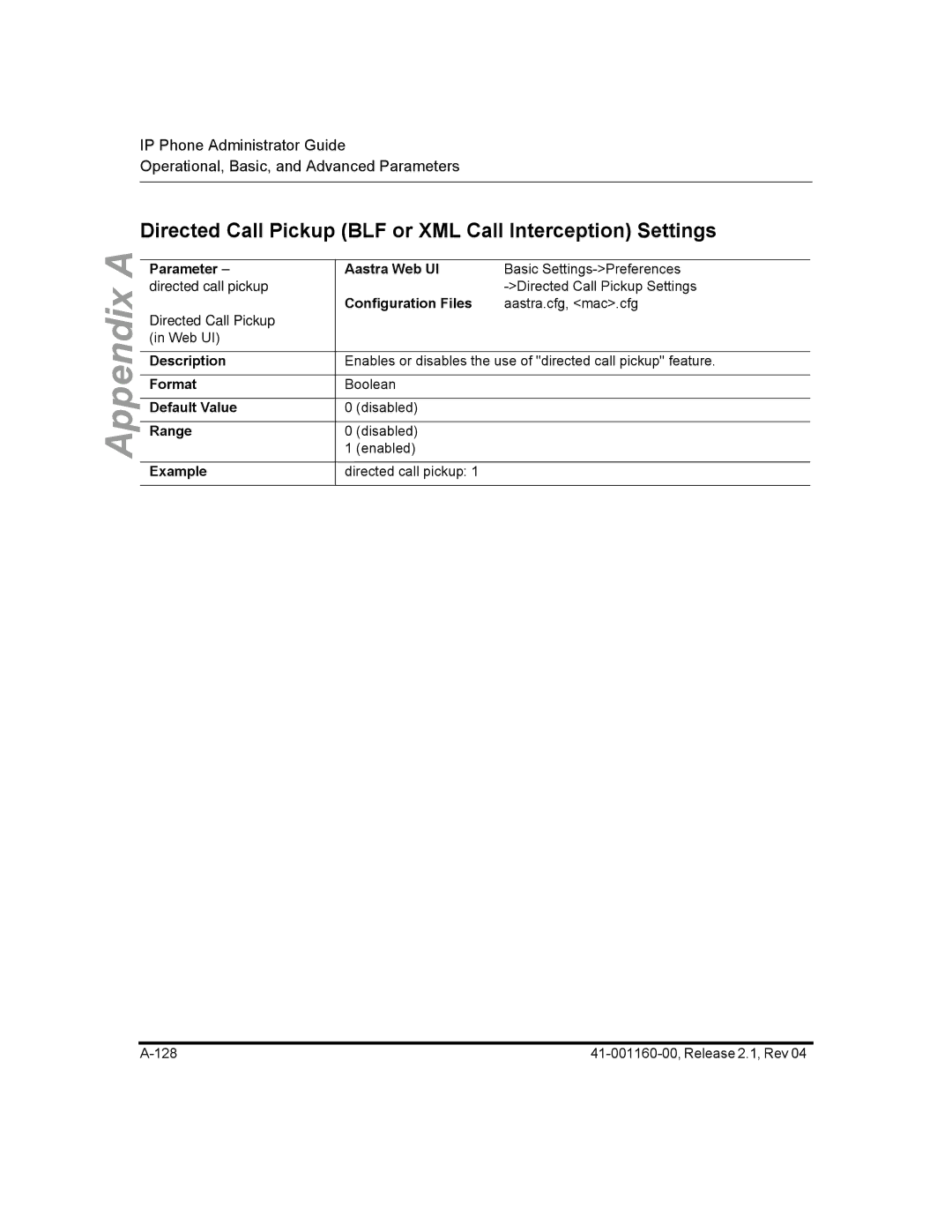 Aastra Telecom 57I CT, 55I, 53I manual Directed Call Pickup BLF or XML Call Interception Settings, Parameter Aastra Web UI 