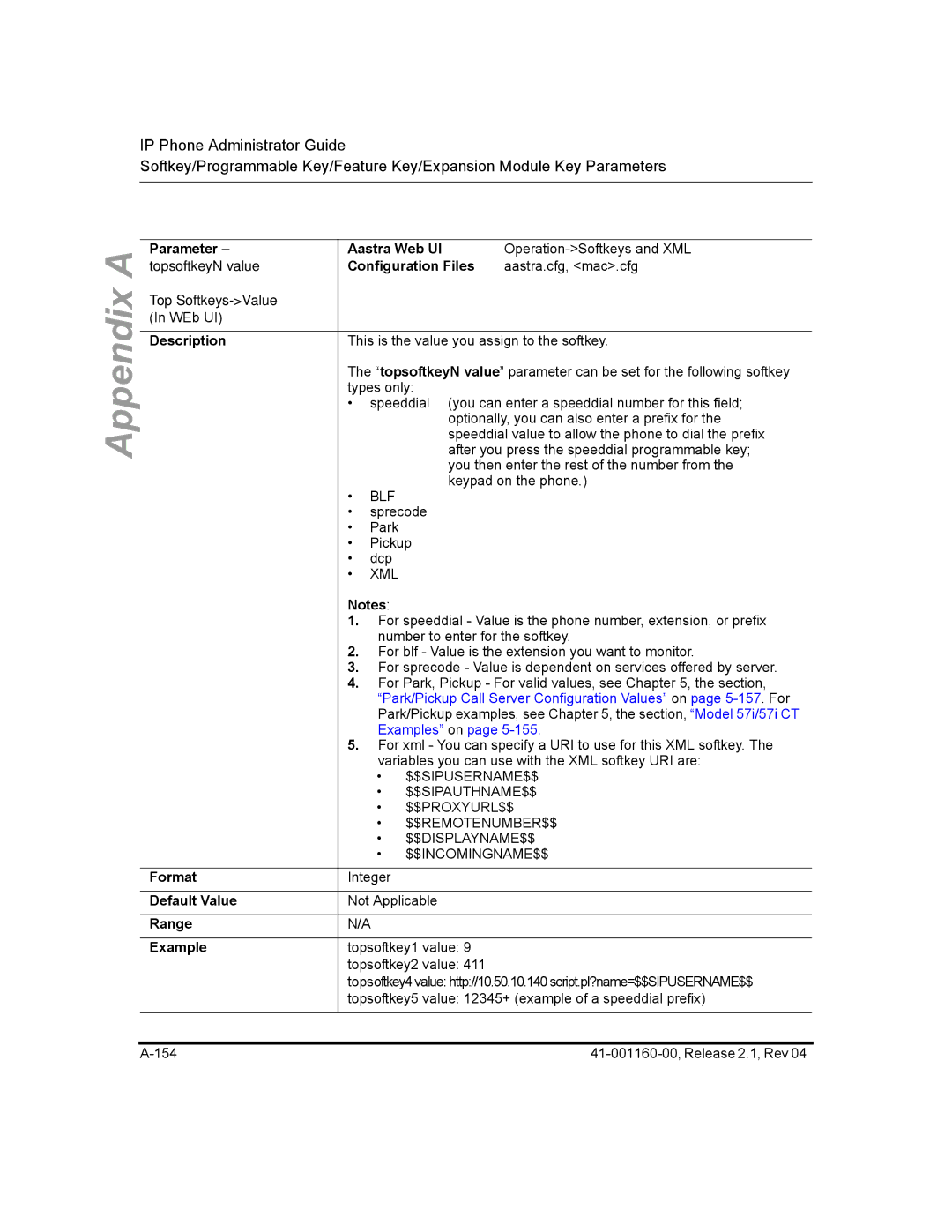 Aastra Telecom 57I CT, 55I, 53I Parameter topsoftkeyN value, Description Format Default Value Range Example Aastra Web UI 