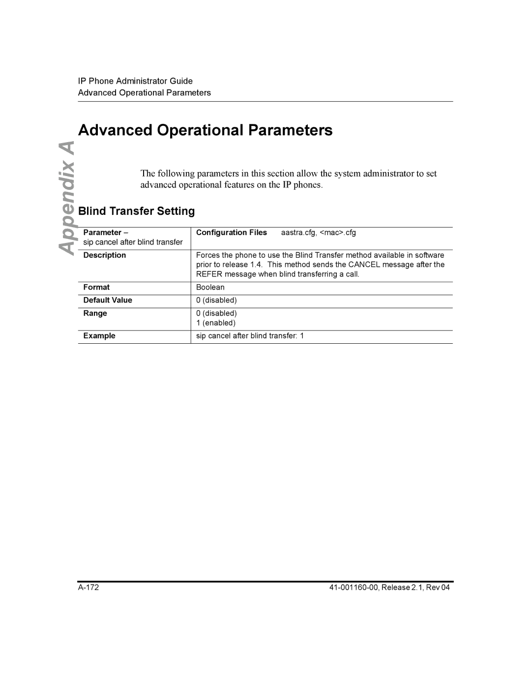 Aastra Telecom 57I CT, 55I, 53I manual Advanced Operational Parameters, Blind Transfer Setting 