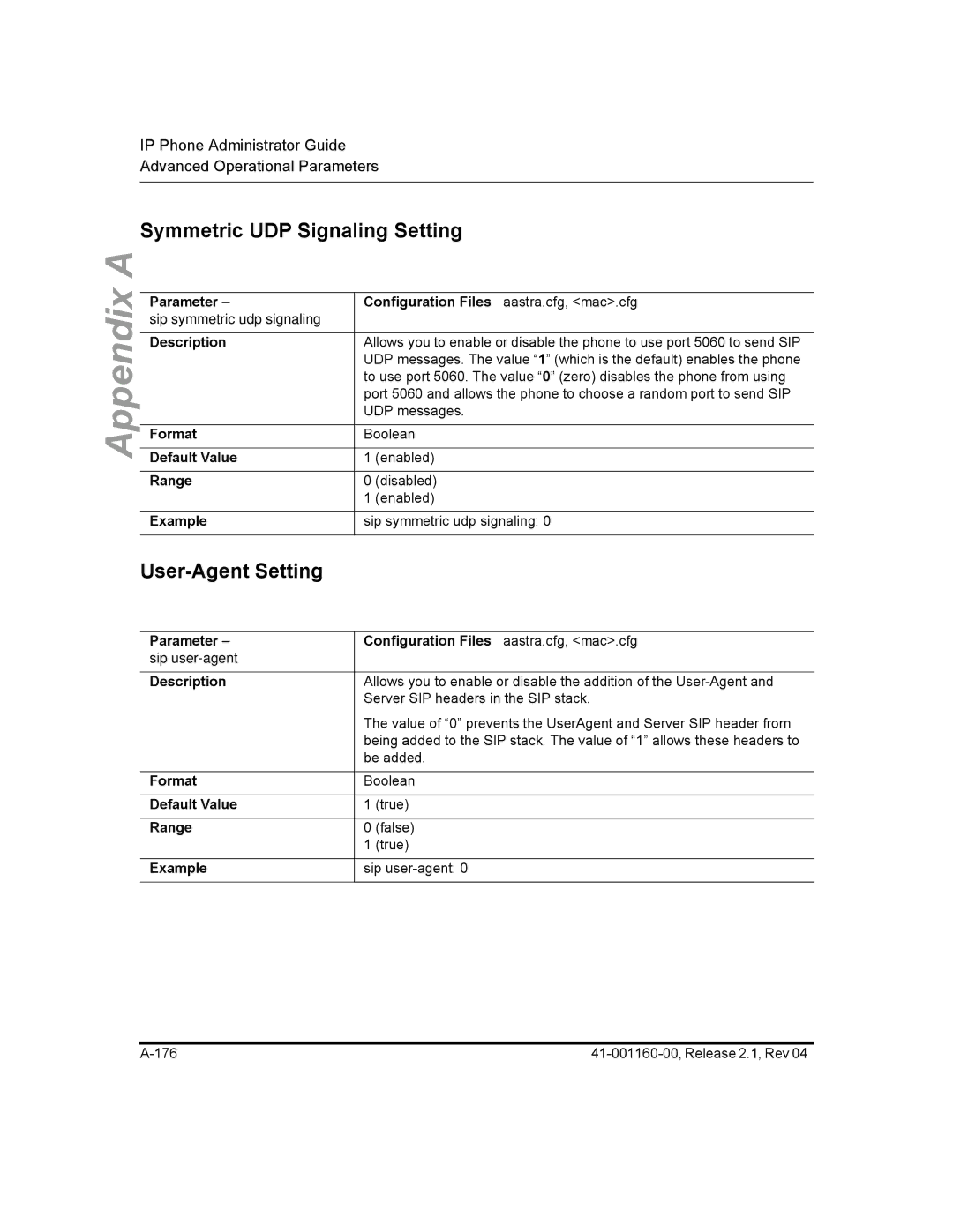 Aastra Telecom 57I CT, 55I, 53I manual Symmetric UDP Signaling Setting, User-Agent Setting 