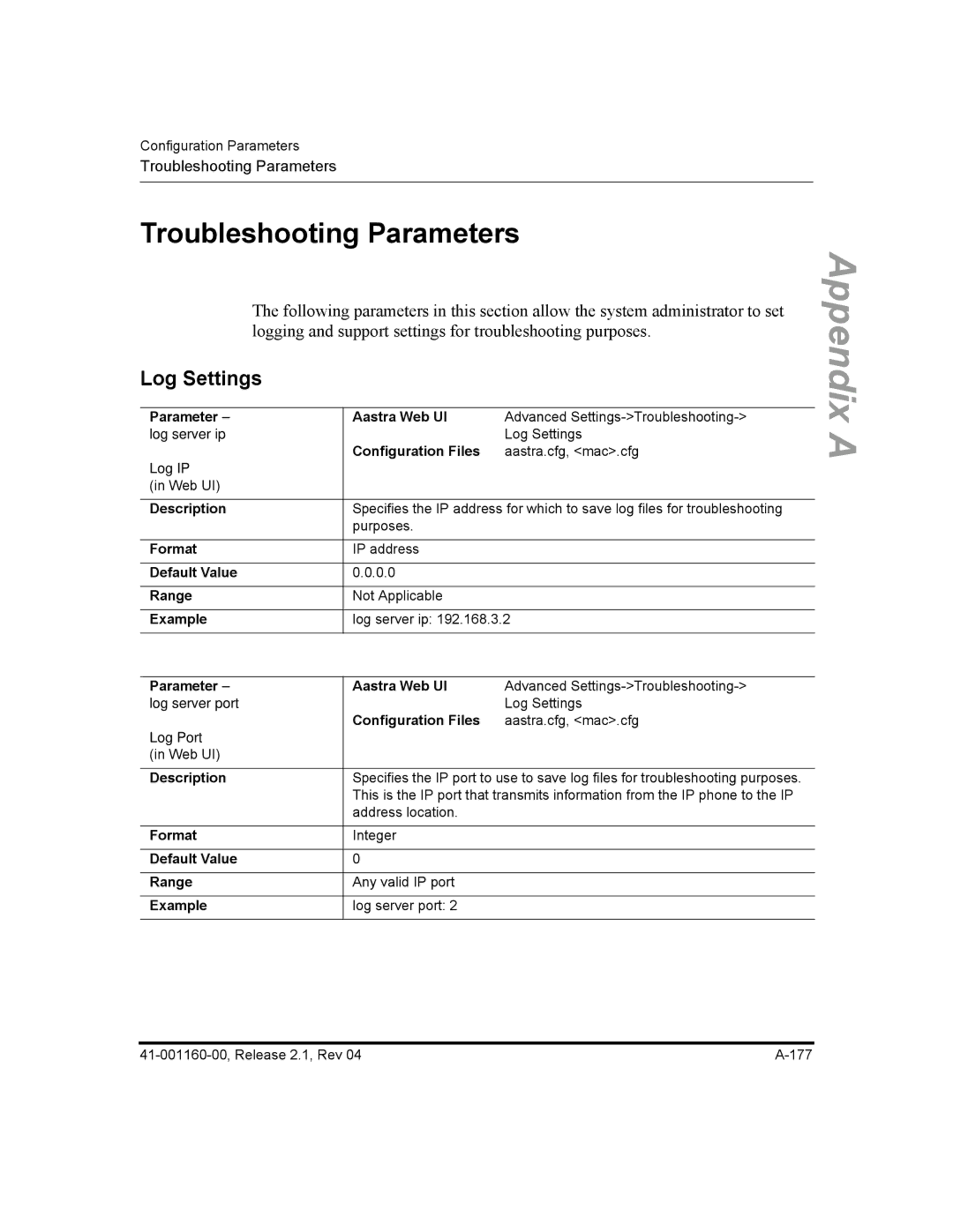 Aastra Telecom 53I, 57I CT, 55I manual Troubleshooting Parameters, Log Settings 