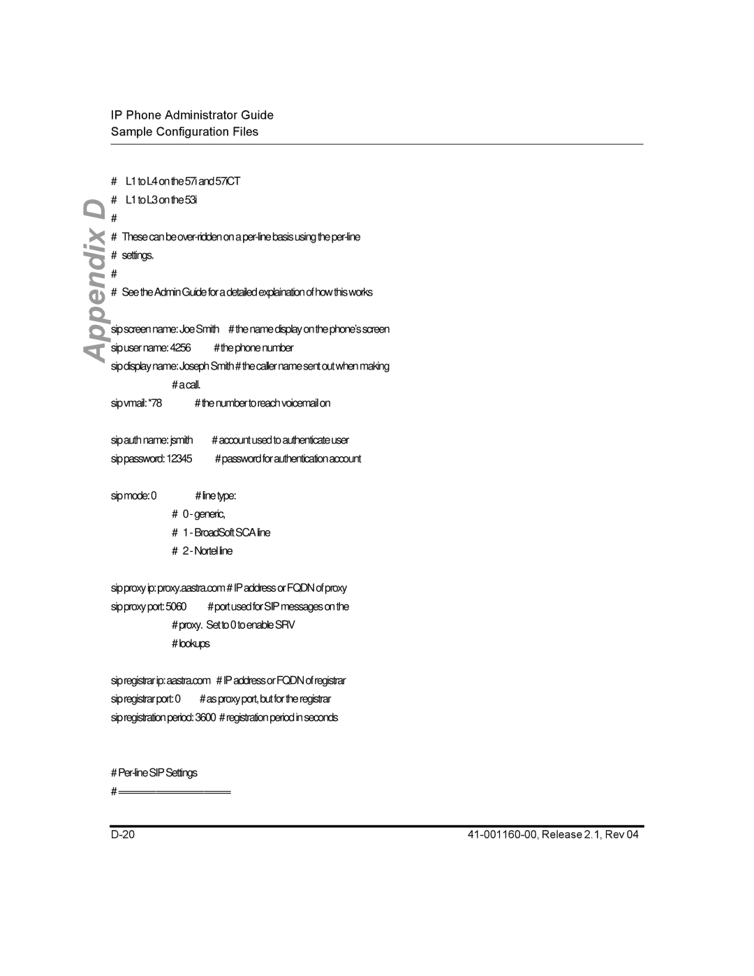 Aastra Telecom 57I CT, 55I, 53I manual # Per-line SIP Settings # ===================== 