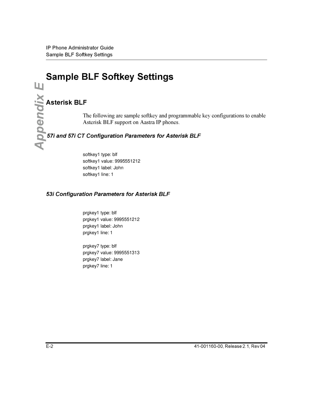 Aastra Telecom 57I CT, 55I, 53I manual 57i and 57i CT Configuration Parameters for Asterisk BLF 