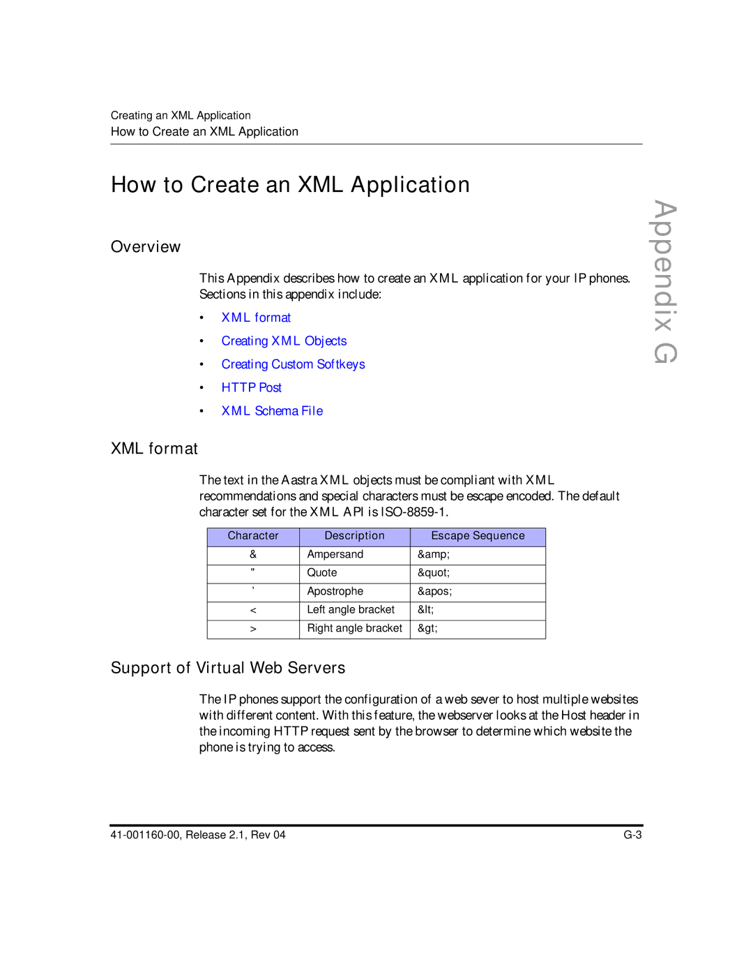 Aastra Telecom 55I, 57I CT, 53I Overview, XML format, Support of Virtual Web Servers, Character Description Escape Sequence 