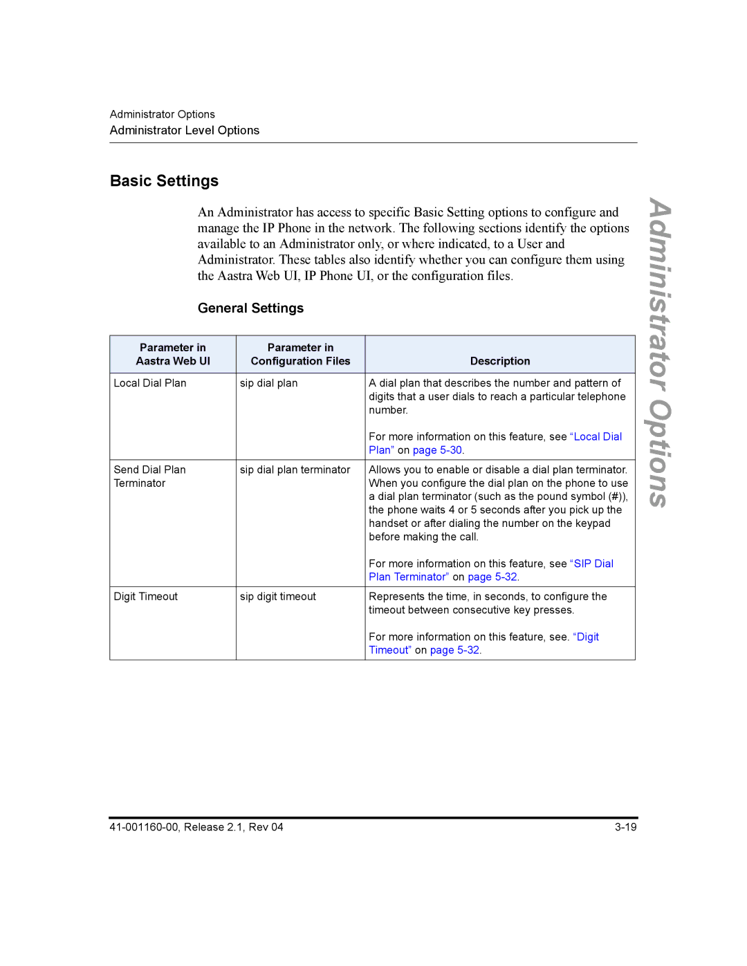 Aastra Telecom 55I, 57I CT, 53I Basic Settings, General Settings, Parameter Aastra Web UI Configuration Files Description 