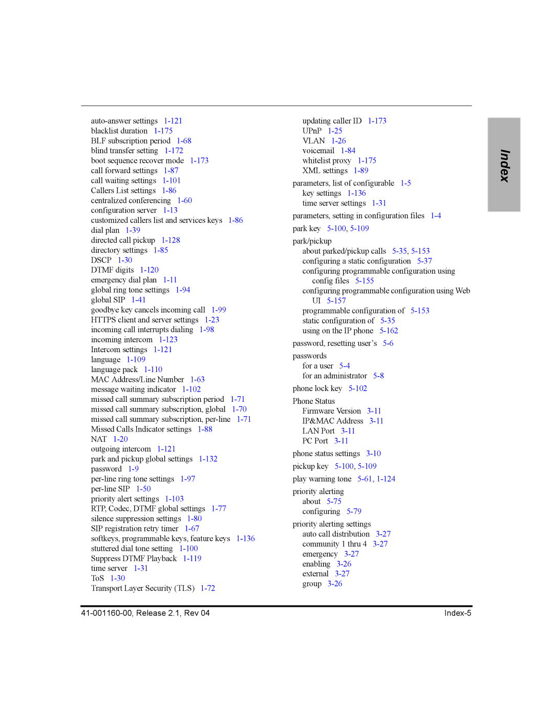 Aastra Telecom 55I, 57I CT, 53I manual 41-001160-00, Release 2.1, Rev Index-5 