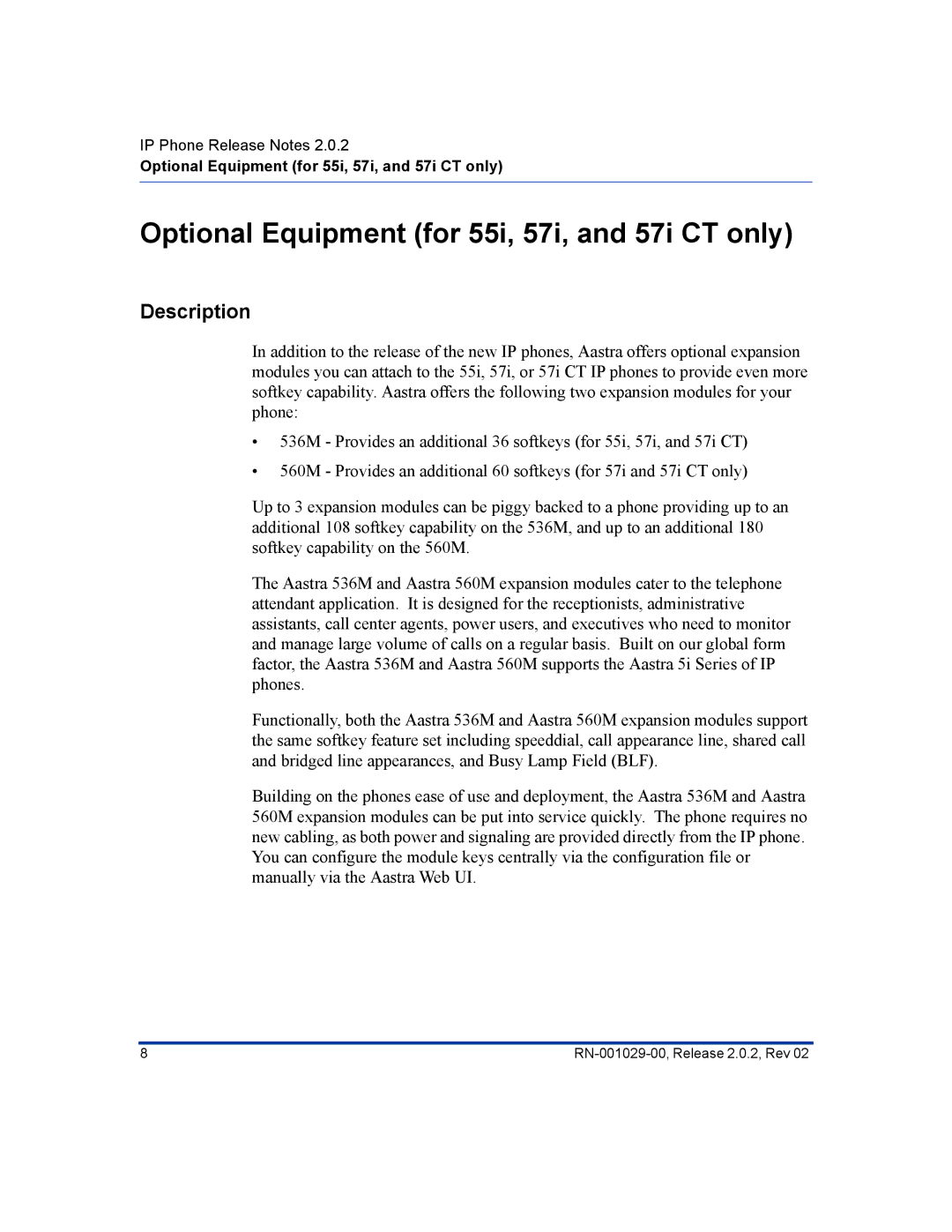 Aastra Telecom 57I CT, 55I manual Optional Equipment for 55i, 57i, and 57i CT only, Description 