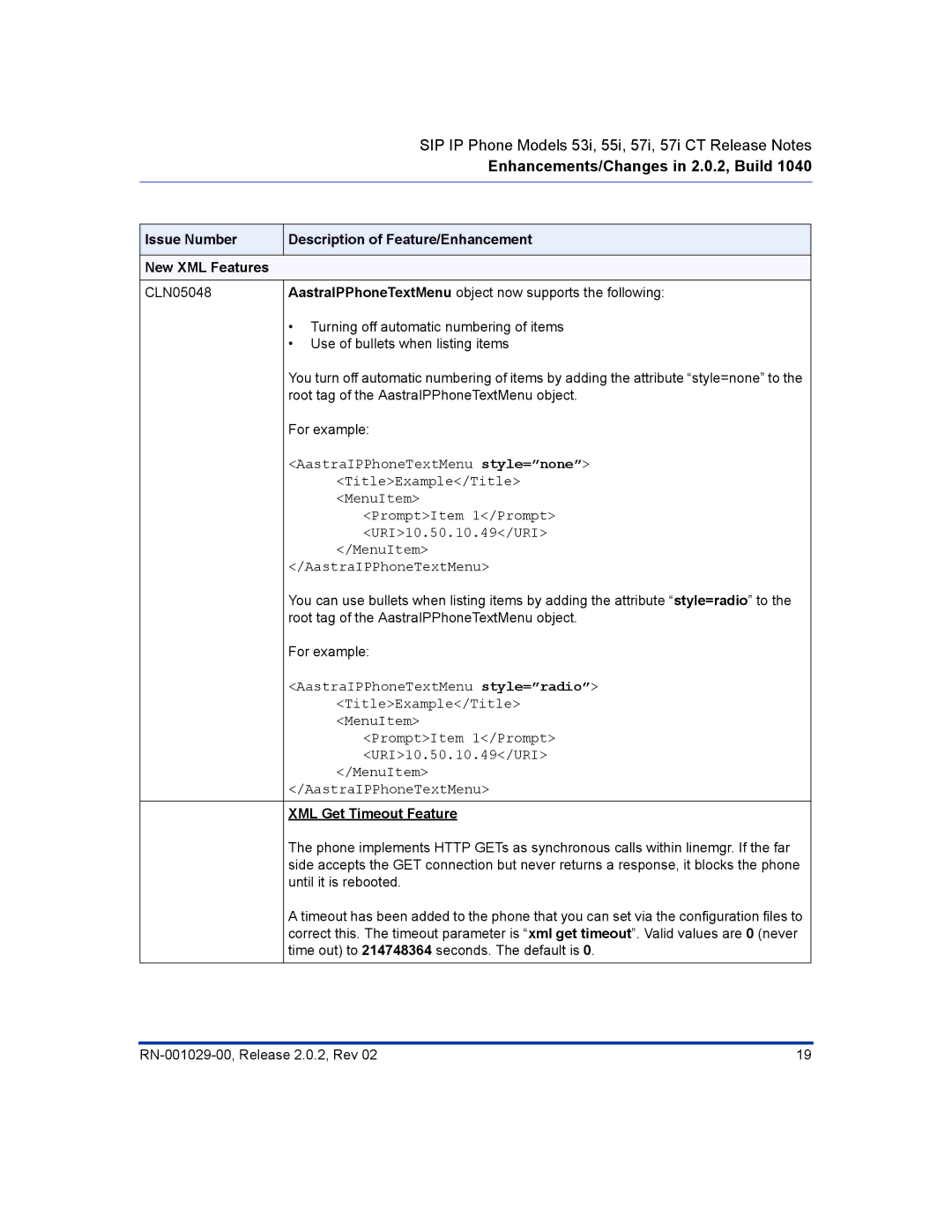 Aastra Telecom 57I CT, 55I manual AastraIPPhoneTextMenu, XML Get Timeout Feature 