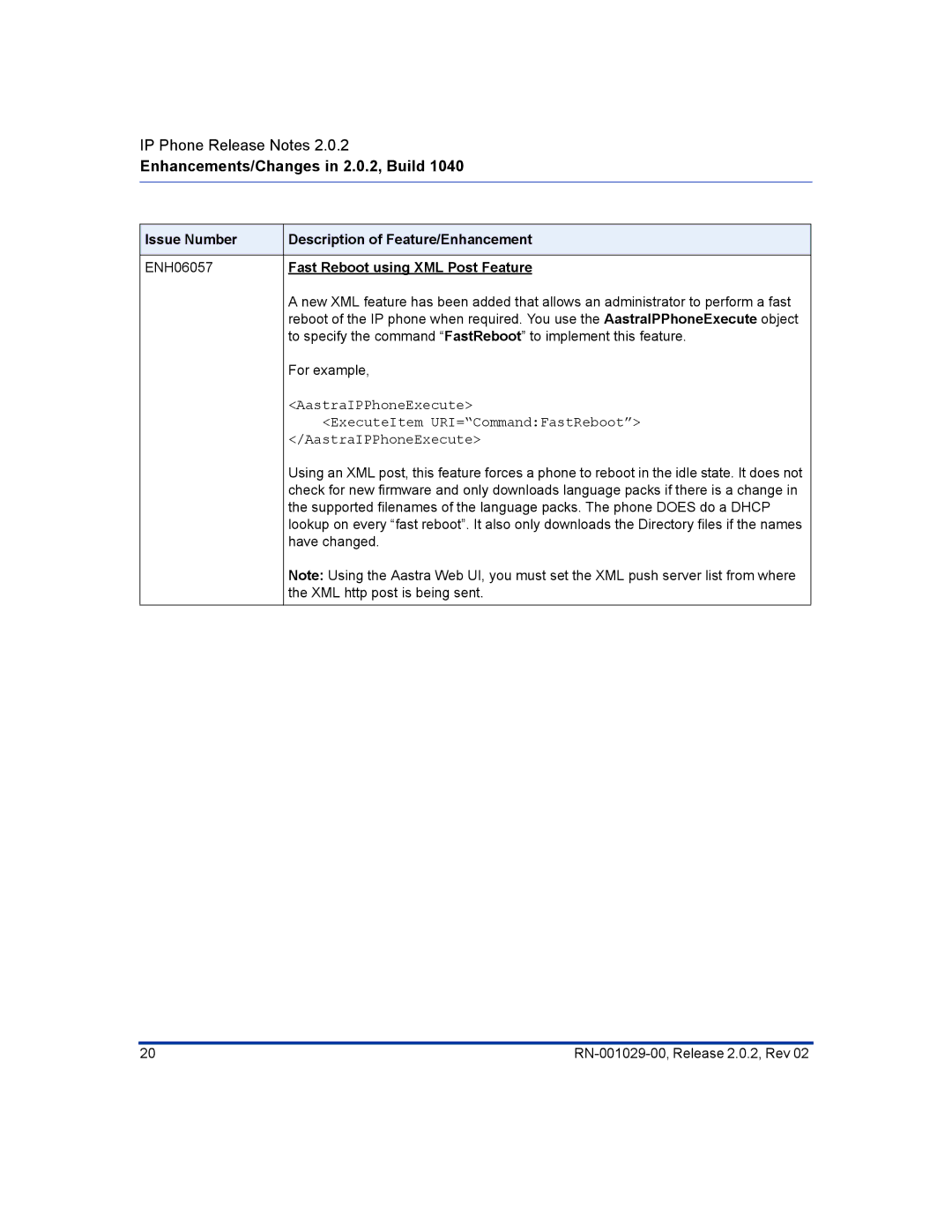 Aastra Telecom 57I CT, 55I manual Issue Number Description of Feature/Enhancement, Fast Reboot using XML Post Feature 