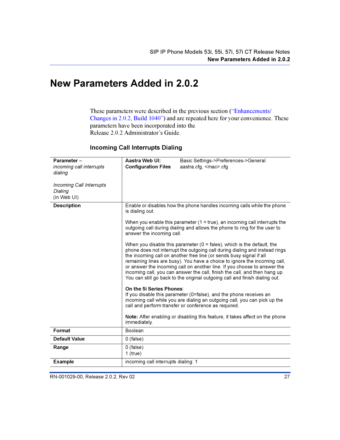 Aastra Telecom 55I, 57I CT manual New Parameters Added, Incoming Call Interrupts Dialing 