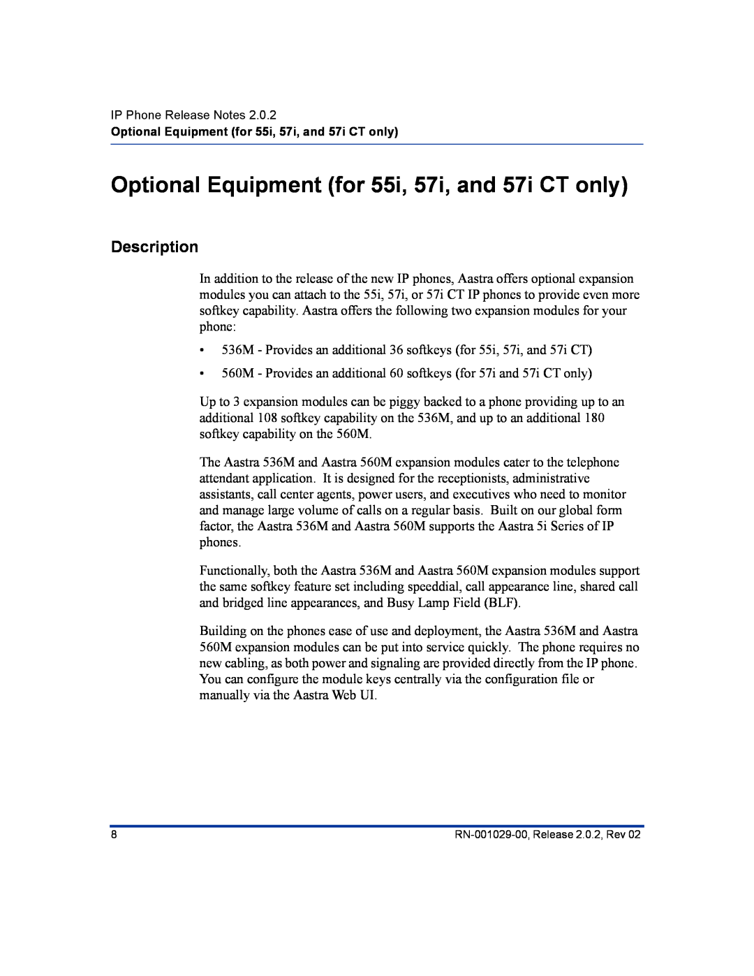 Aastra Telecom 57I CT, 55I manual Optional Equipment for 55i, 57i, and 57i CT only, Description 