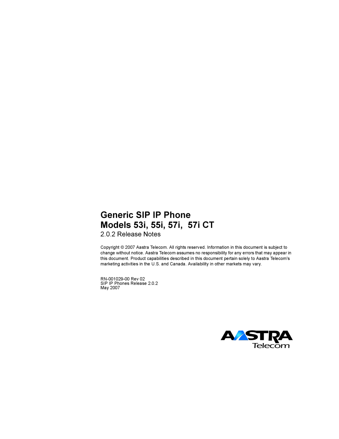 Aastra Telecom 57I CT, 55I manual Generic SIP IP Phone Models 53i, 55i, 57i, 57i CT, Release Notes 