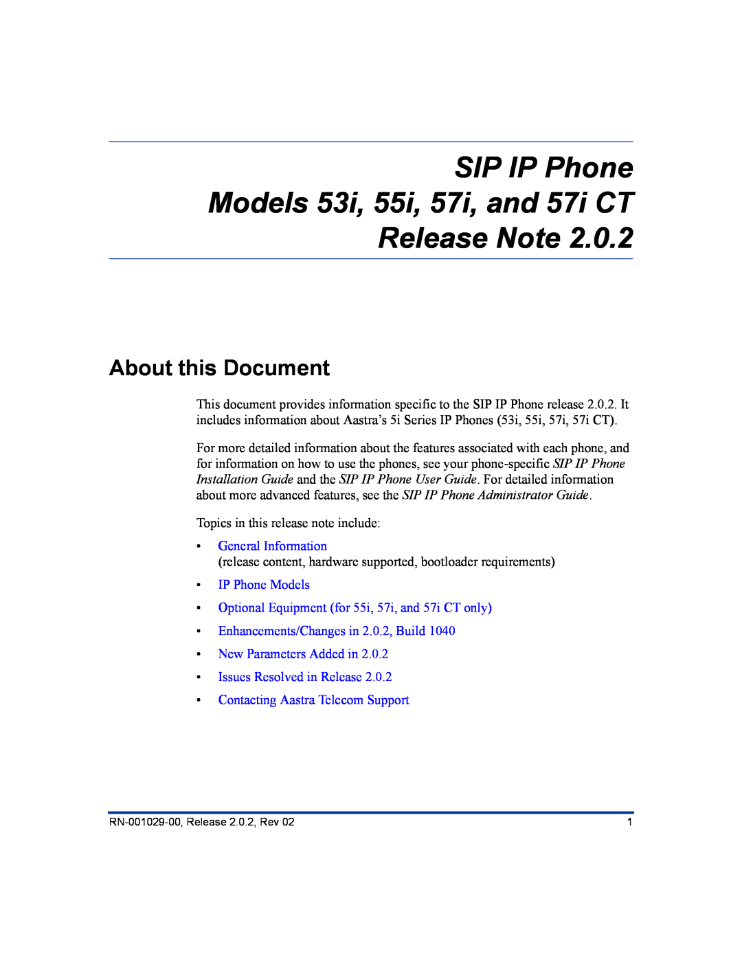 Aastra Telecom 57I About this Document, SIP IP Phone Models 53i, 55i, 57i, and 57i CT Release Note, General Information 