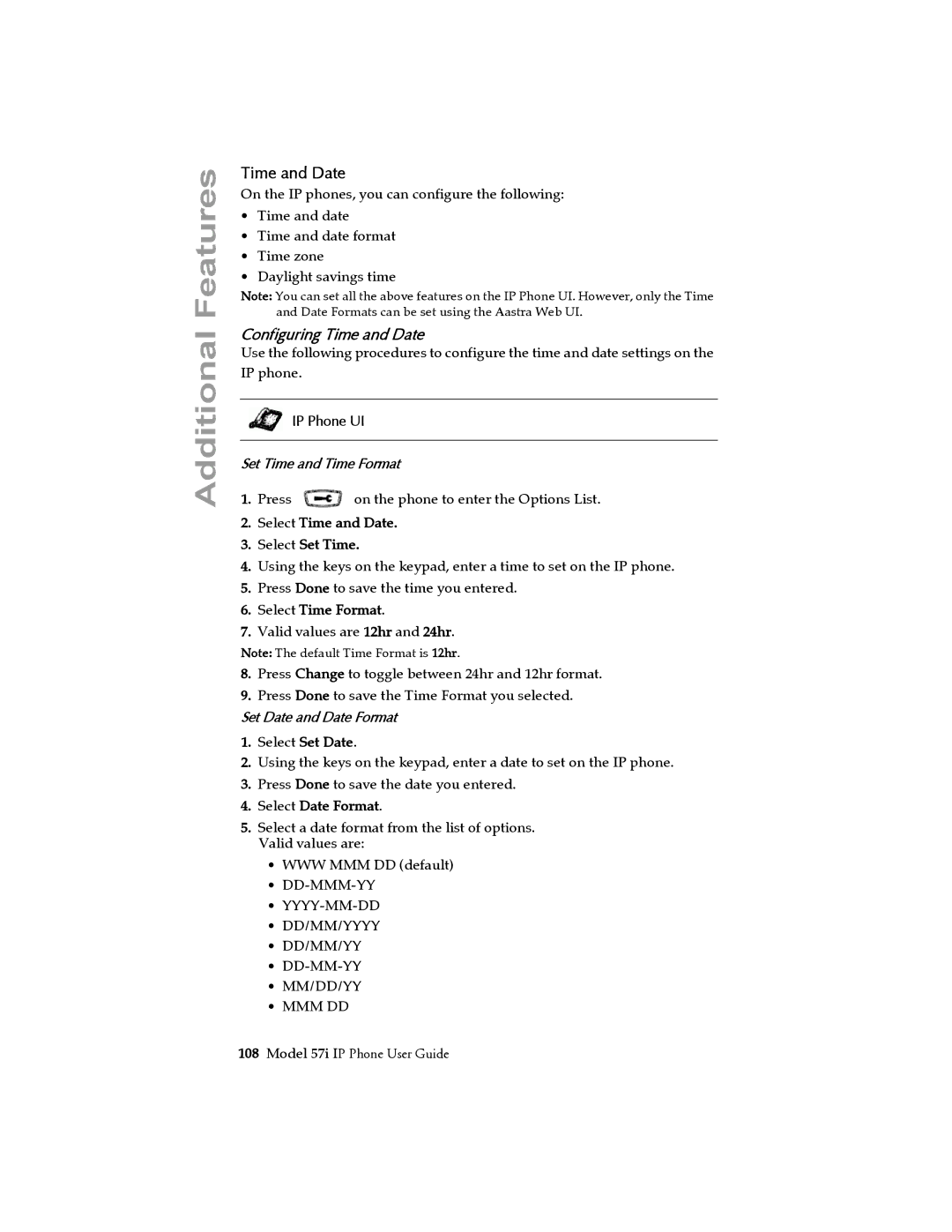 Aastra Telecom 57i IP Phone manual Configuring Time and Date, Set Time and Time Format, Set Date and Date Format 