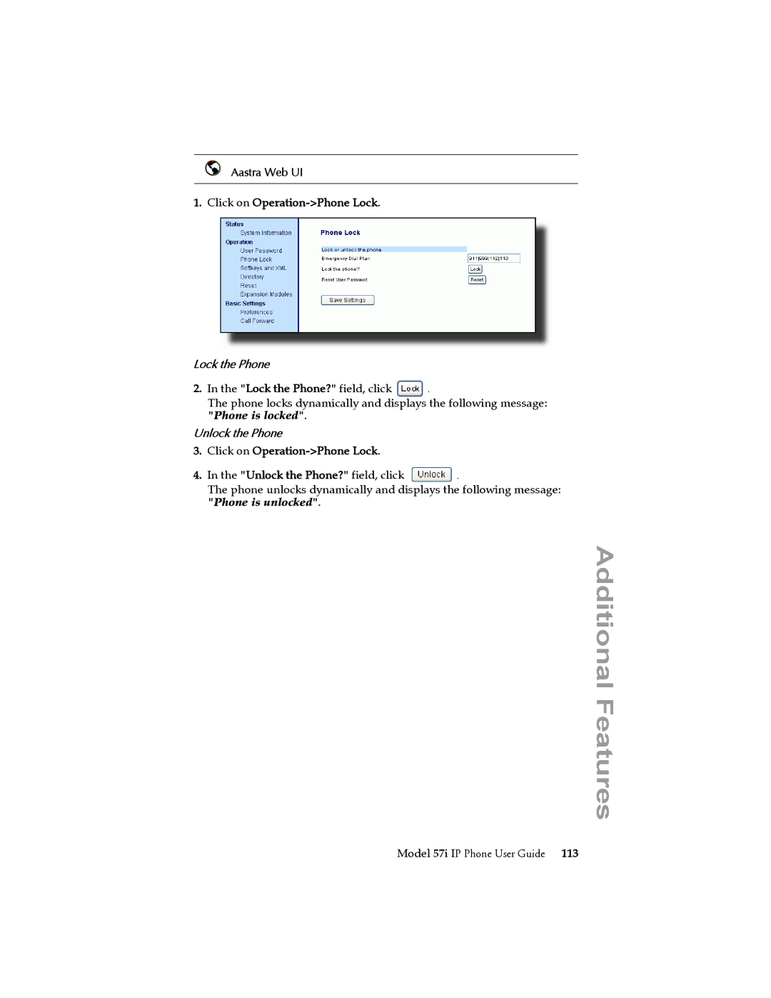 Aastra Telecom 57i IP Phone manual Aastra Web UI Click on Operation-Phone Lock, Lock the Phone Lock the Phone? field, click 