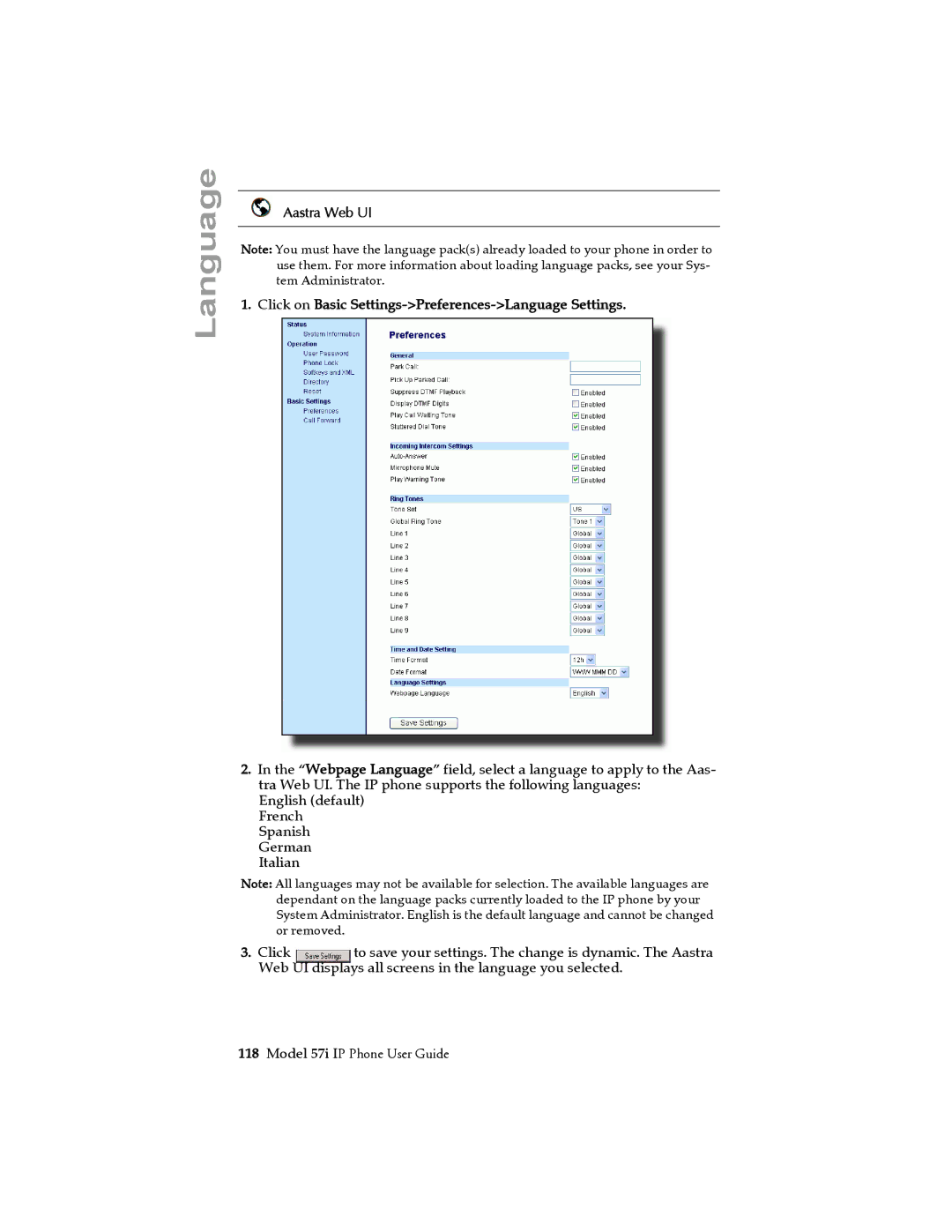 Aastra Telecom 57i IP Phone manual Language 