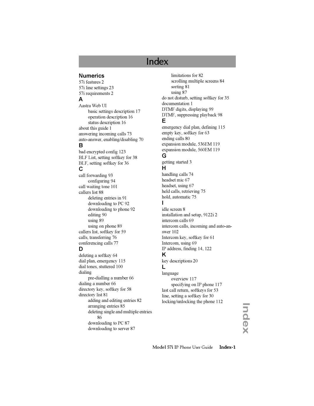 Aastra Telecom 57i IP Phone manual Index 