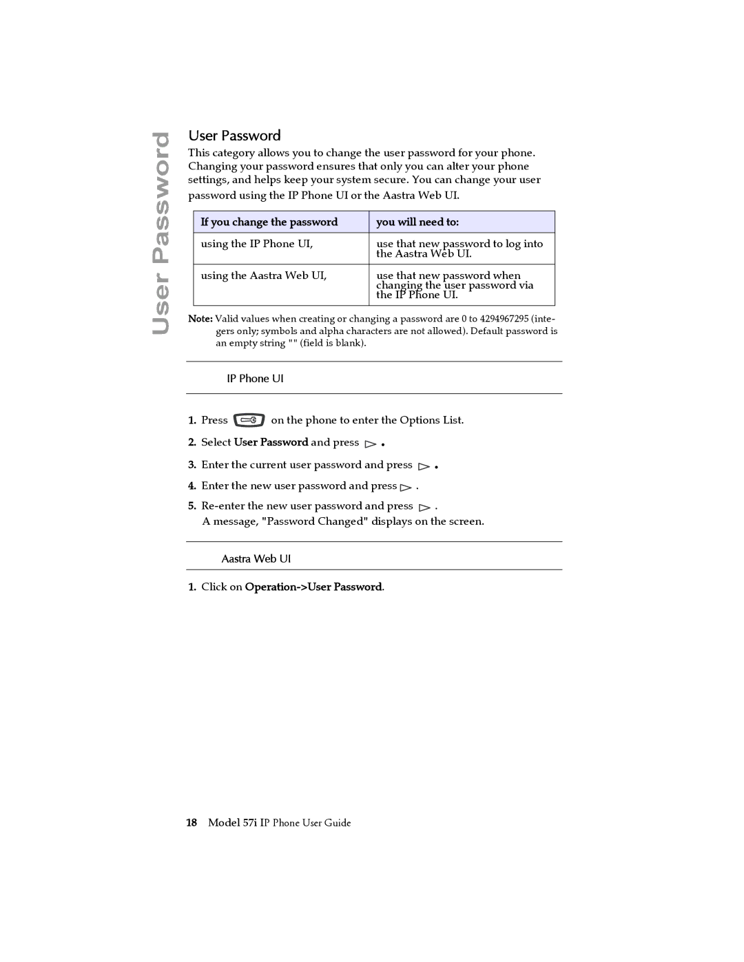 Aastra Telecom 57i IP Phone manual User Password, If you change the password You will need to 