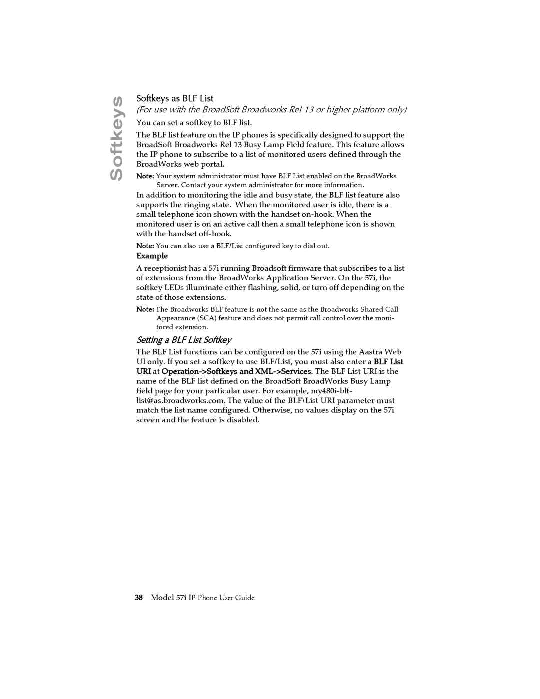 Aastra Telecom 57i IP Phone manual Softkeys as BLF List, Setting a BLF List Softkey 